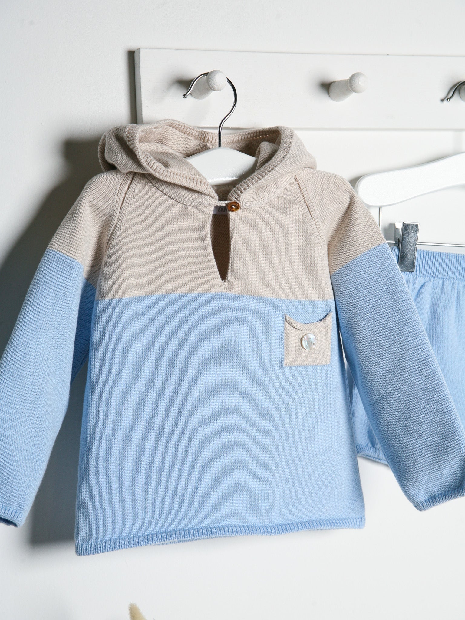 'Felix' Blue & Beige Knitted Hooded Short Set - Rose & Albert