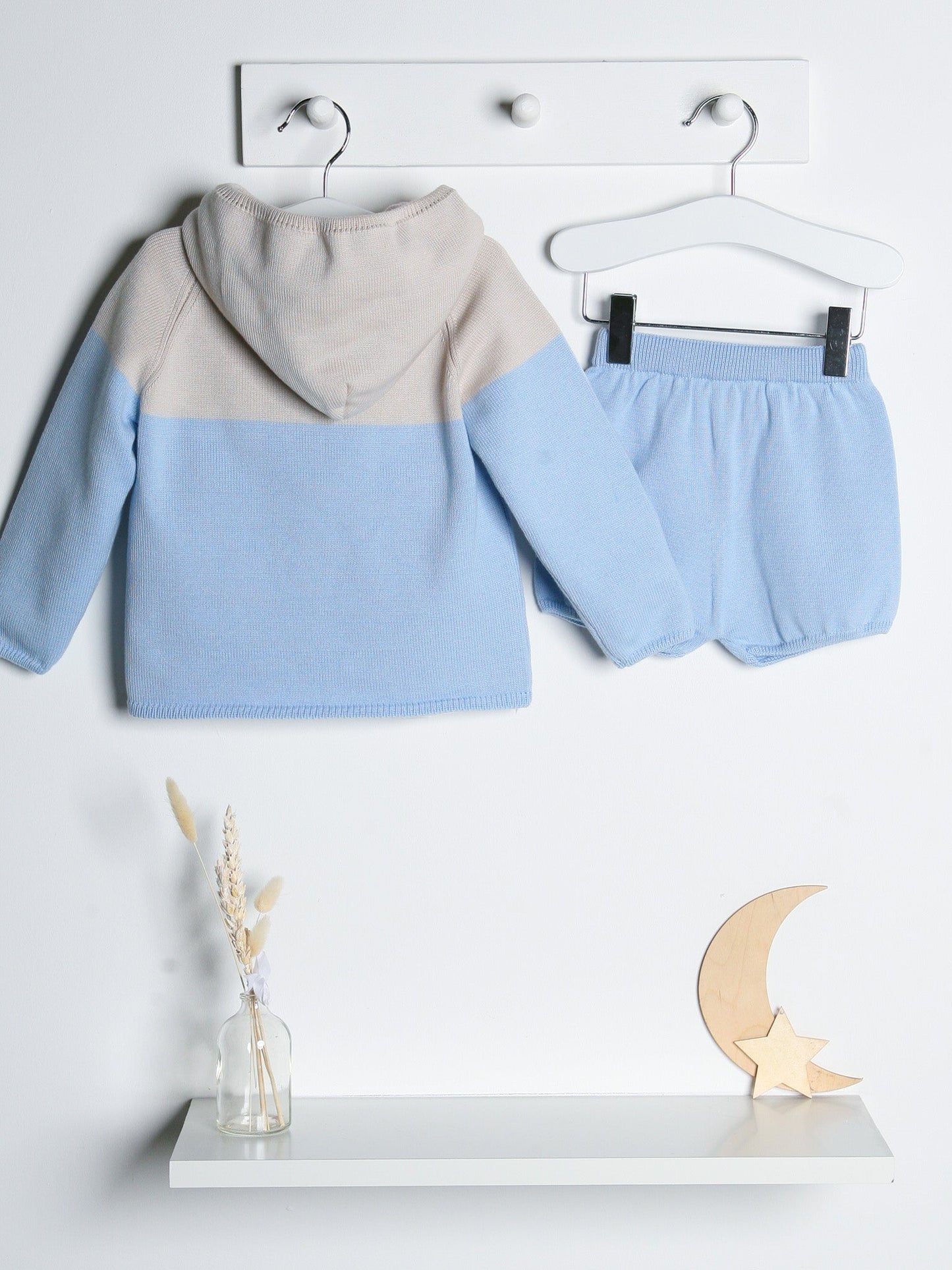 'Felix' Blue & Beige Knitted Hooded Short Set - Rose & Albert
