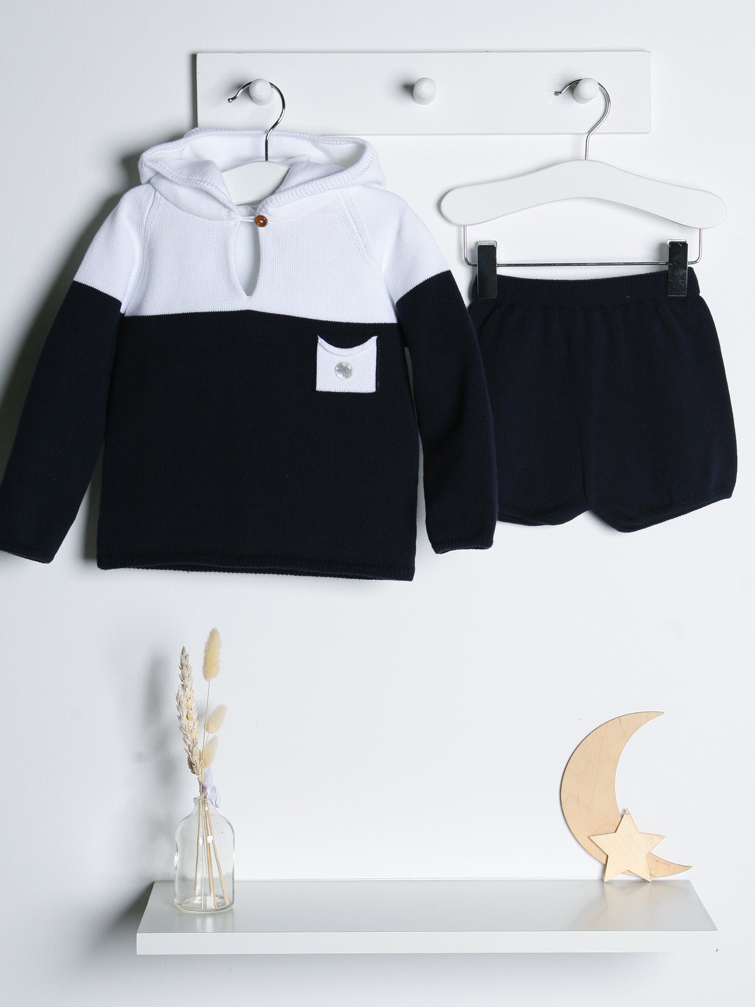 'Flynn' Navy & White Knitted Hooded Short Set - Rose & Albert