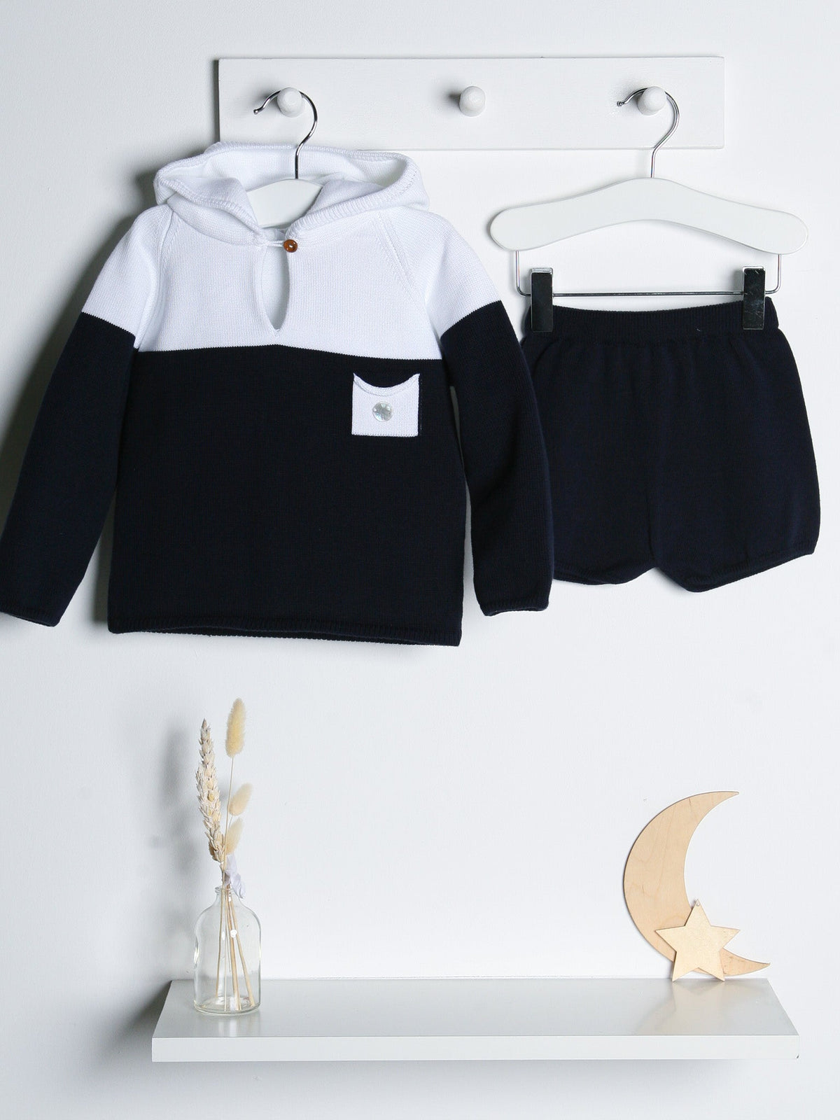 'Flynn' Navy & White Knitted Hooded Short Set - Rose & Albert