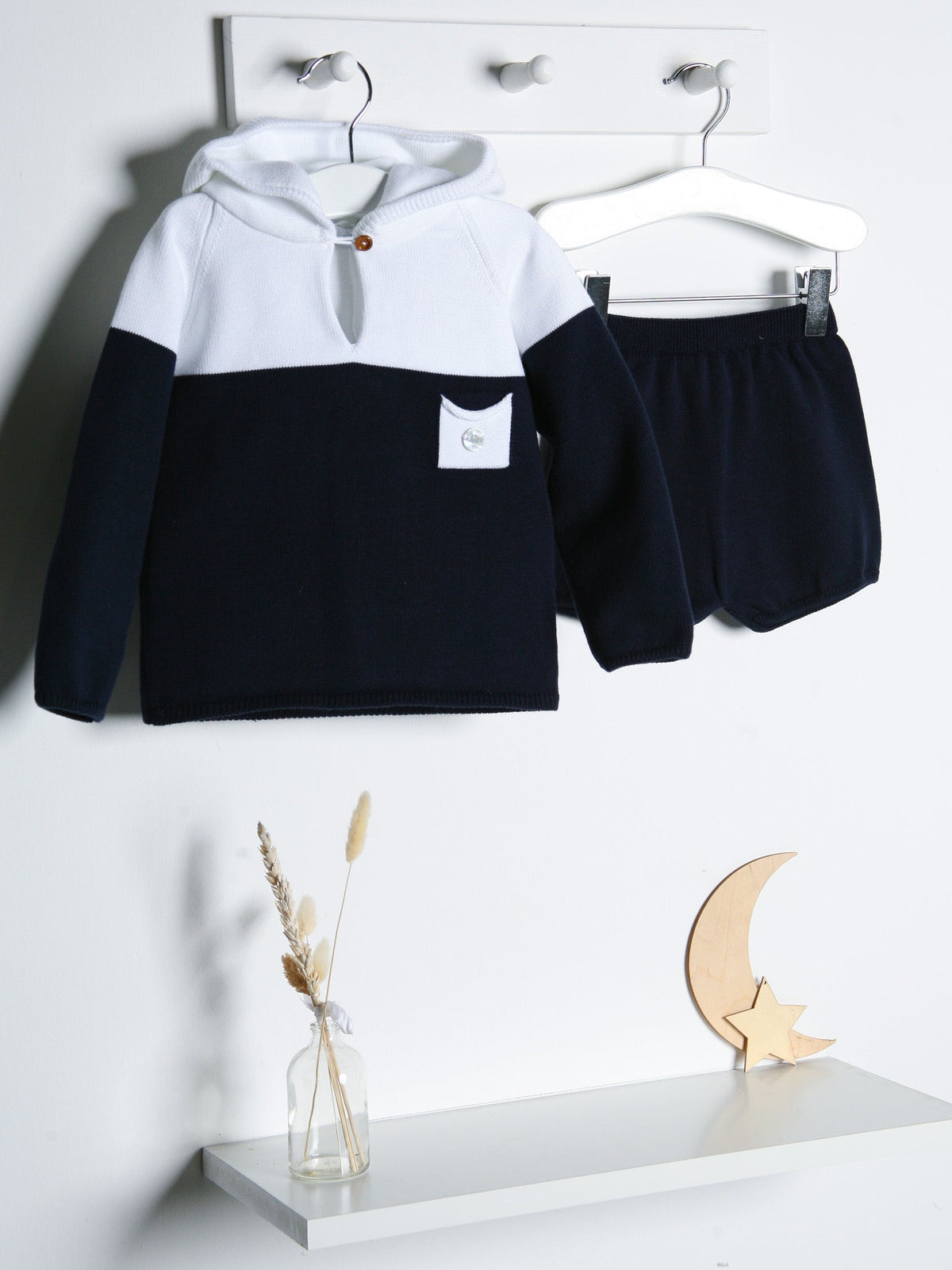 'Flynn' Navy & White Knitted Hooded Short Set - Rose & Albert