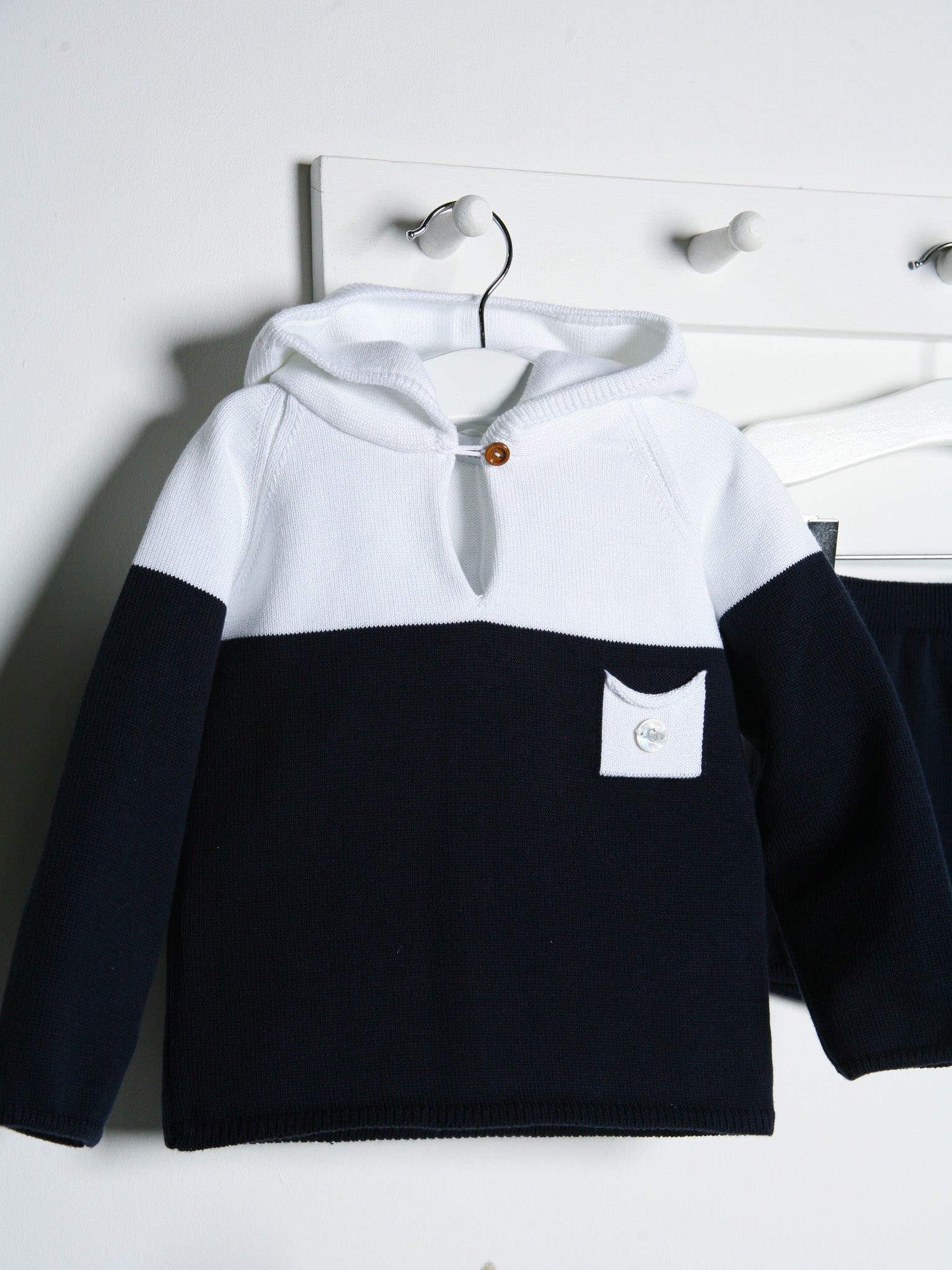 'Flynn' Navy & White Knitted Hooded Short Set - Rose & Albert