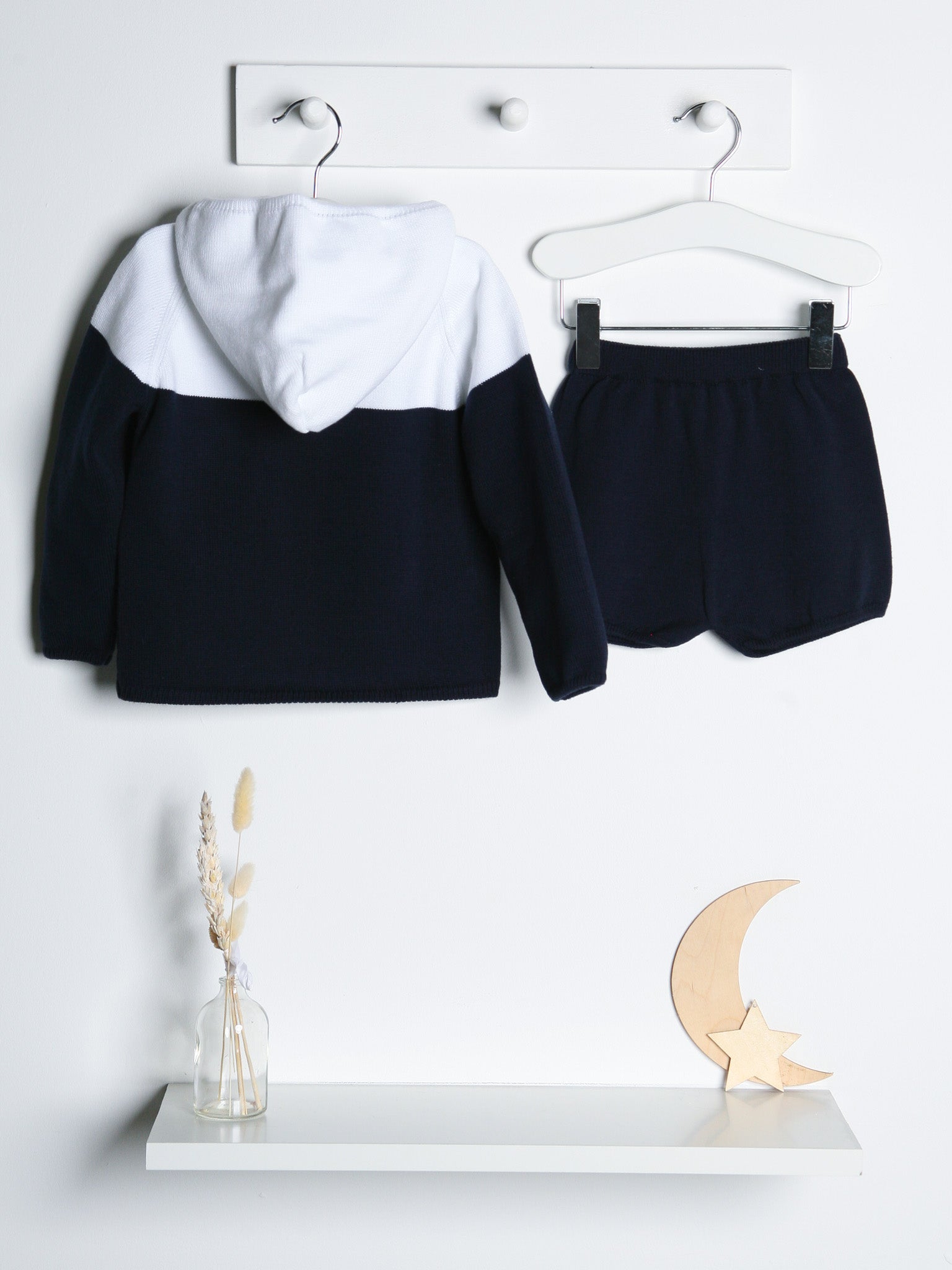 'Flynn' Navy & White Knitted Hooded Short Set - Rose & Albert