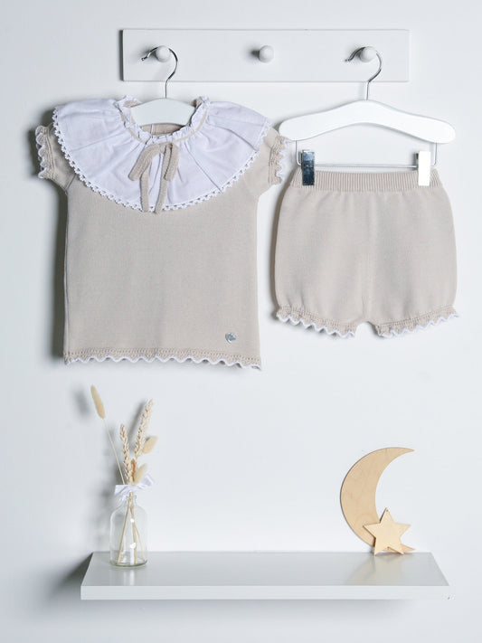 'Emily' beige knitted statement collar short set - Rose & Albert