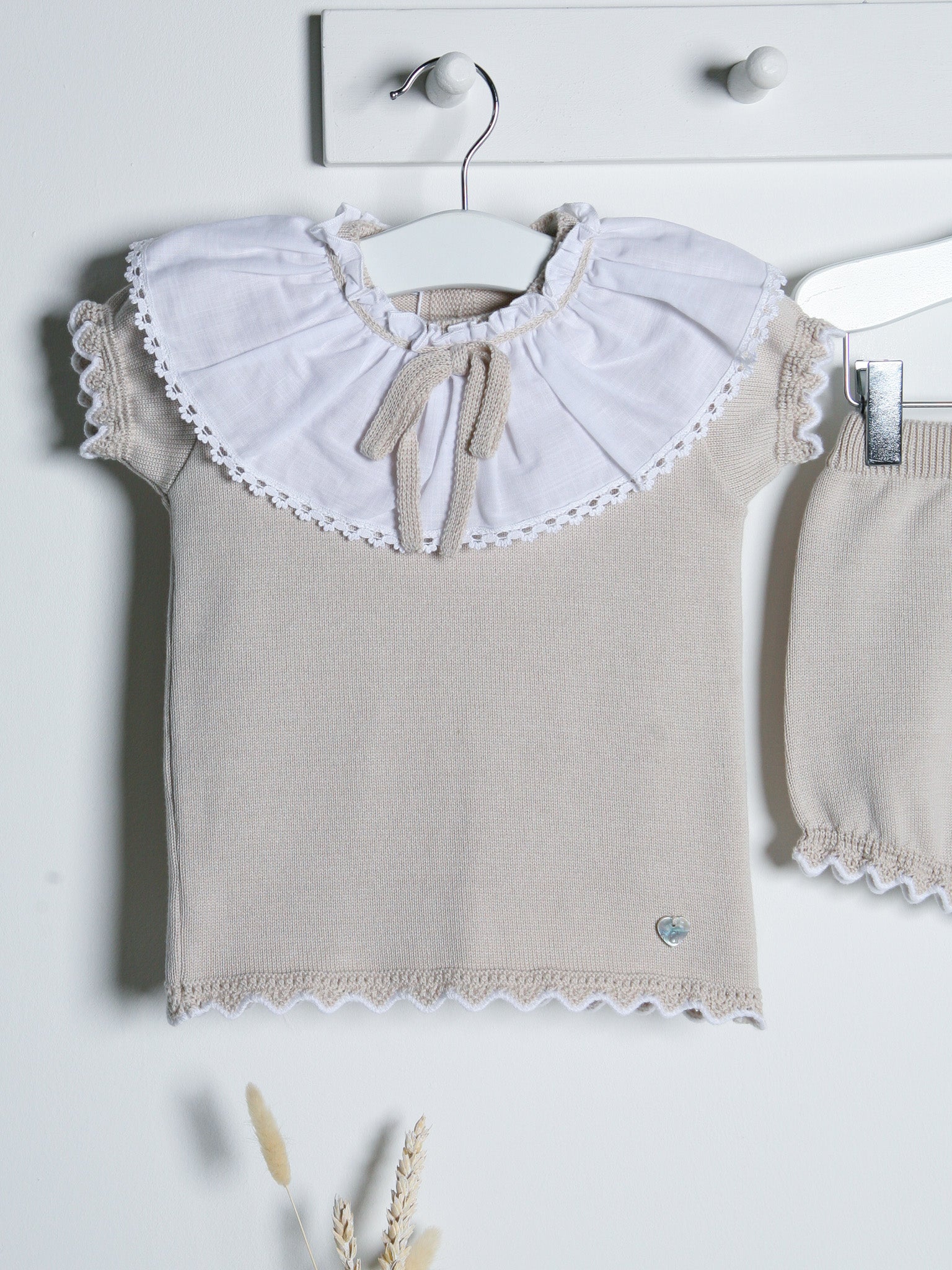 'Emily' beige knitted statement collar short set - Rose & Albert