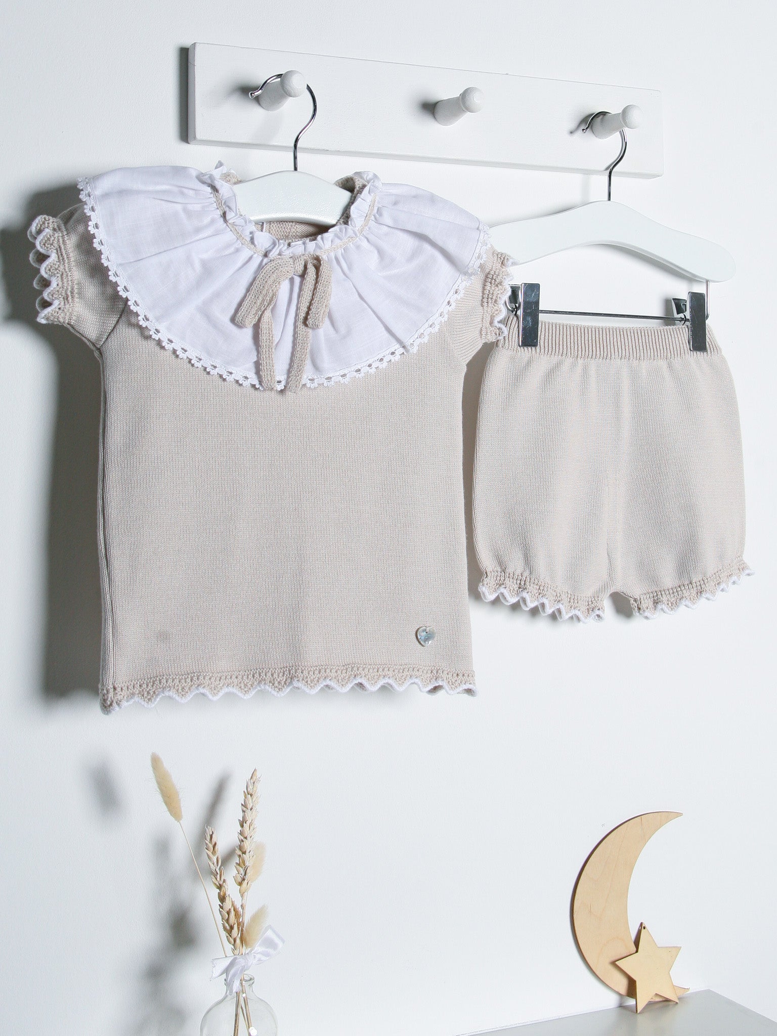 'Emily' beige knitted statement collar short set - Rose & Albert