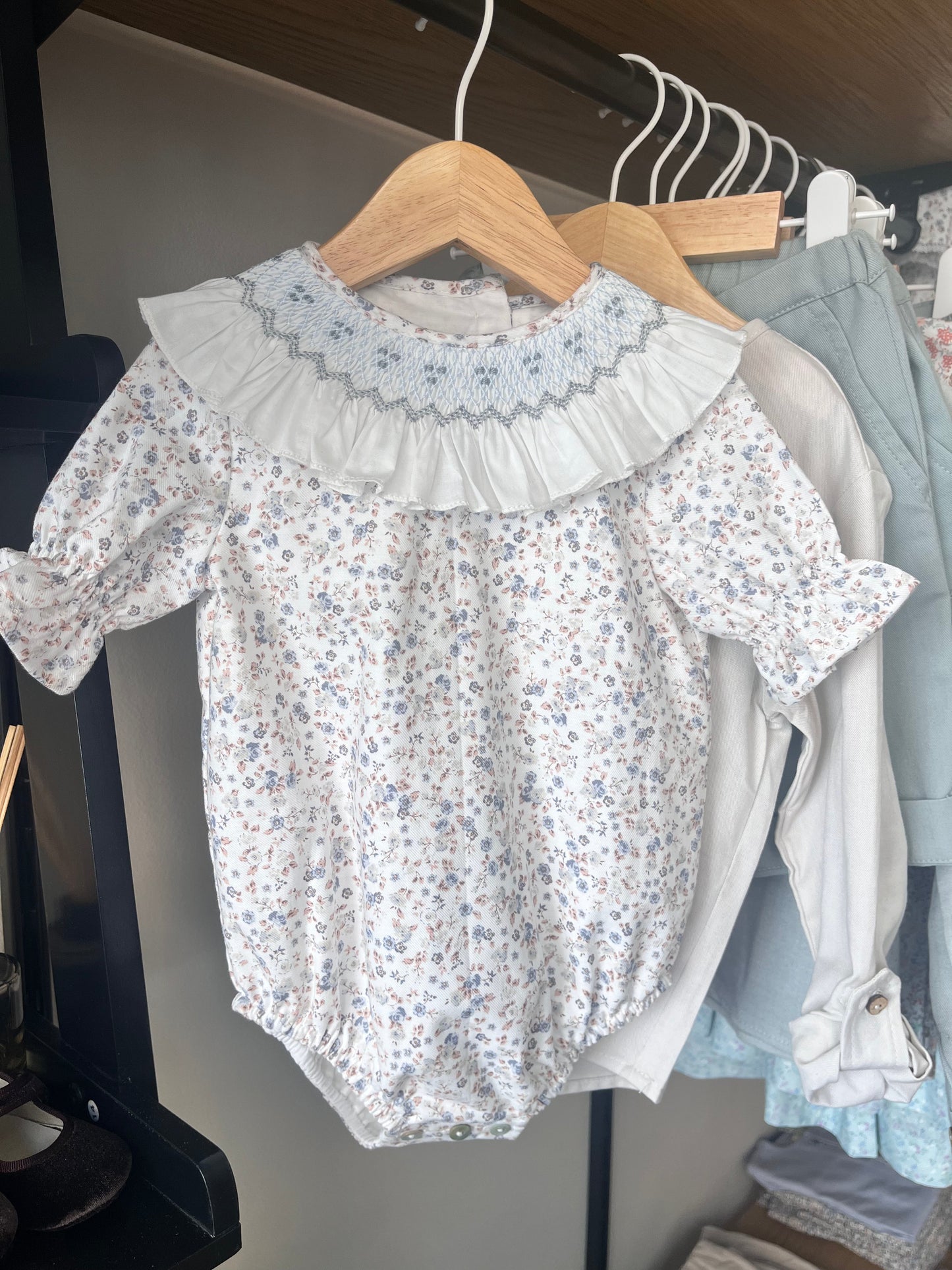 Embroidered ruffle-collar romper