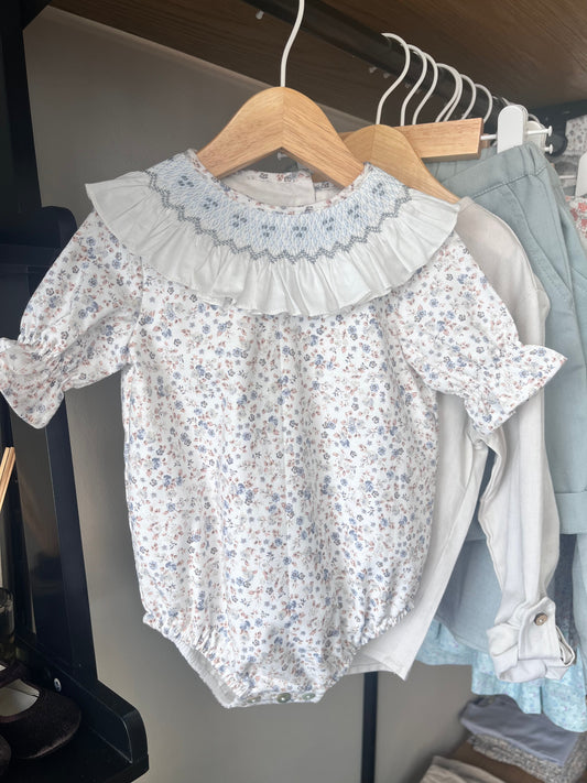 Embroidered ruffle-collar romper