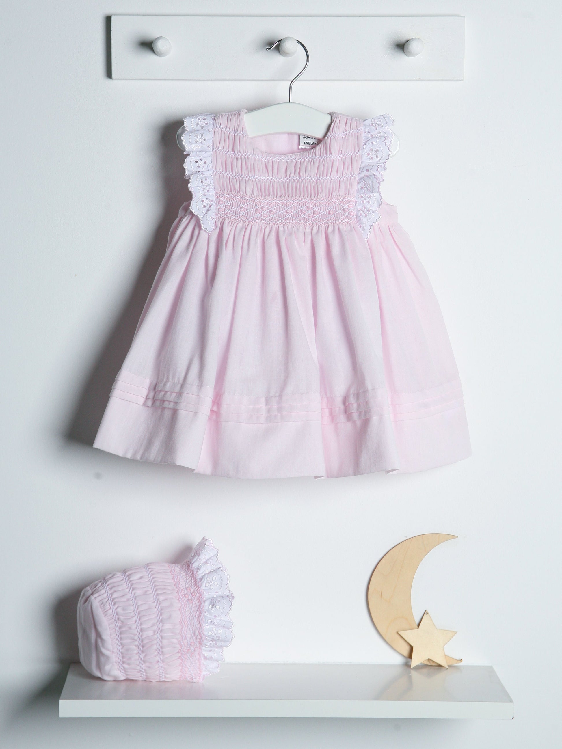 Sarah Louise Pink Handsmocked Dress & Bonnet Set - Rose & Albert