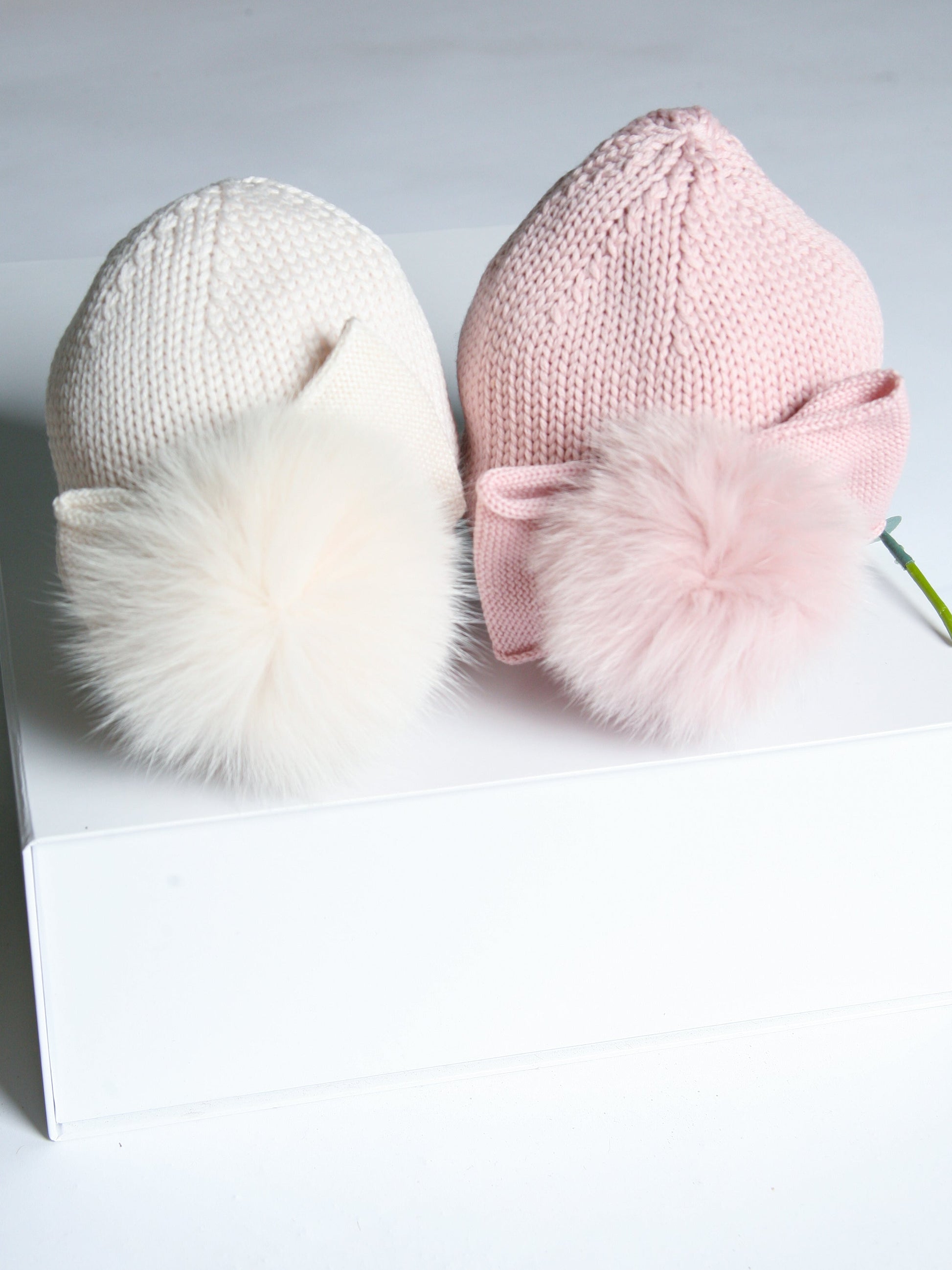 Catya Light Beige Marino Wool Hat with Fur Pom & Bow - Rose & Albert