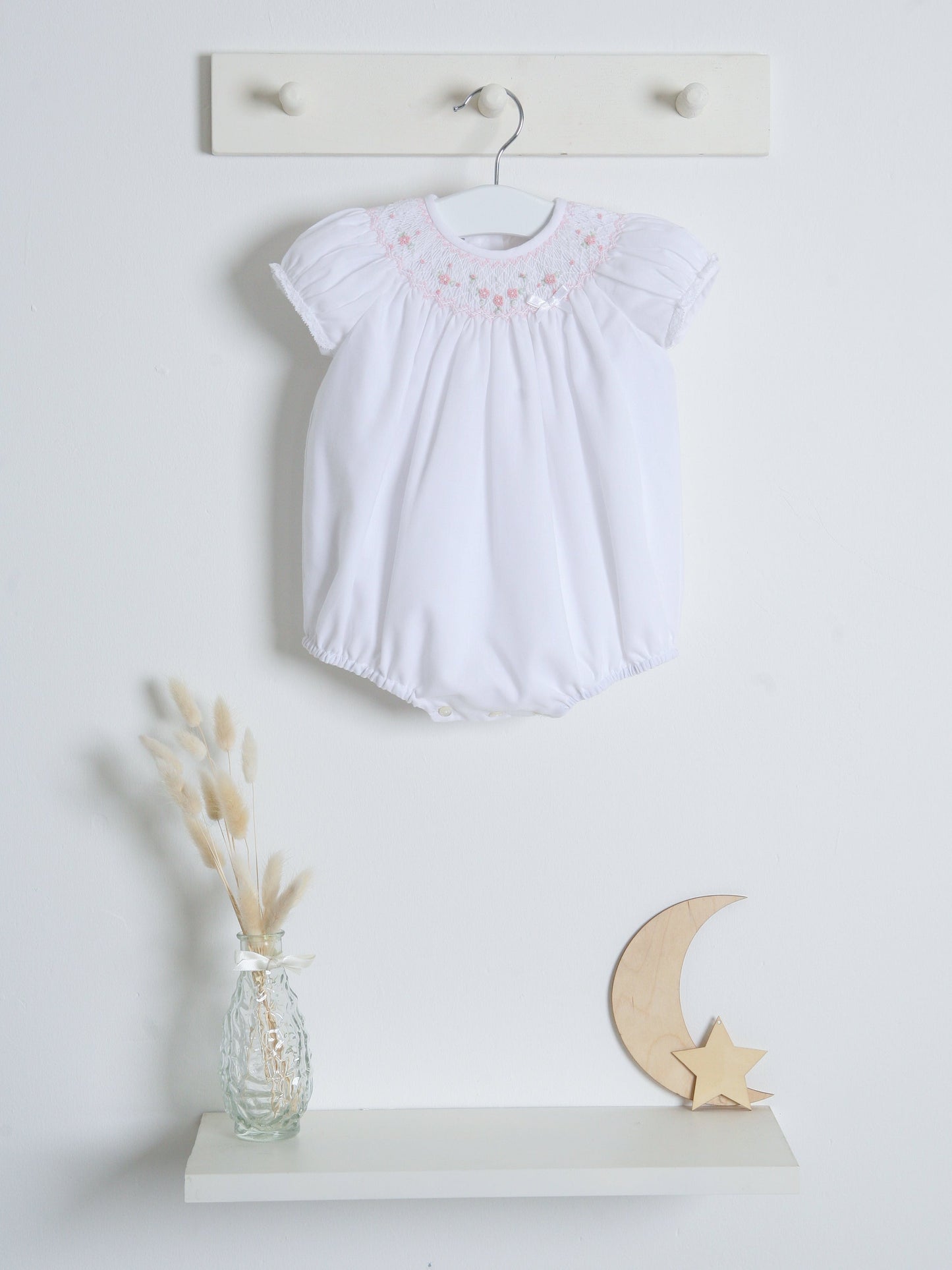 Sarah Louise White Smocked Bubble Romper - Rose & Albert