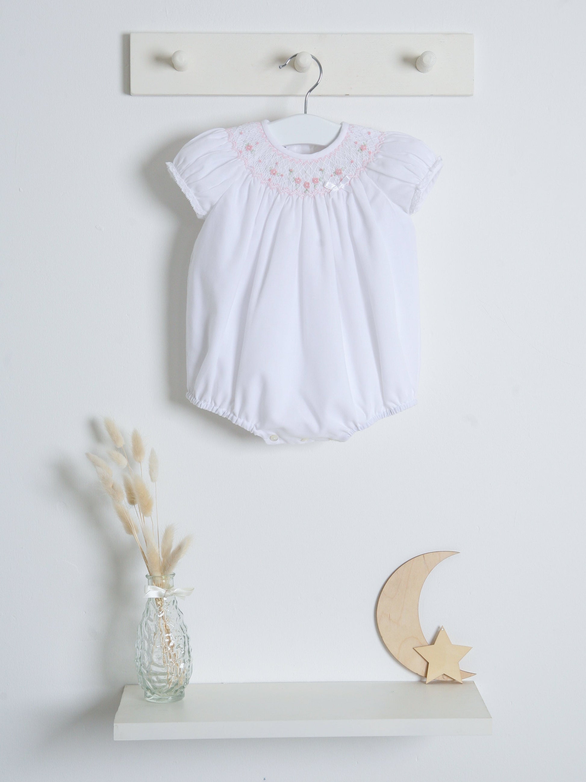 Sarah Louise White Smocked Bubble Romper - Rose & Albert