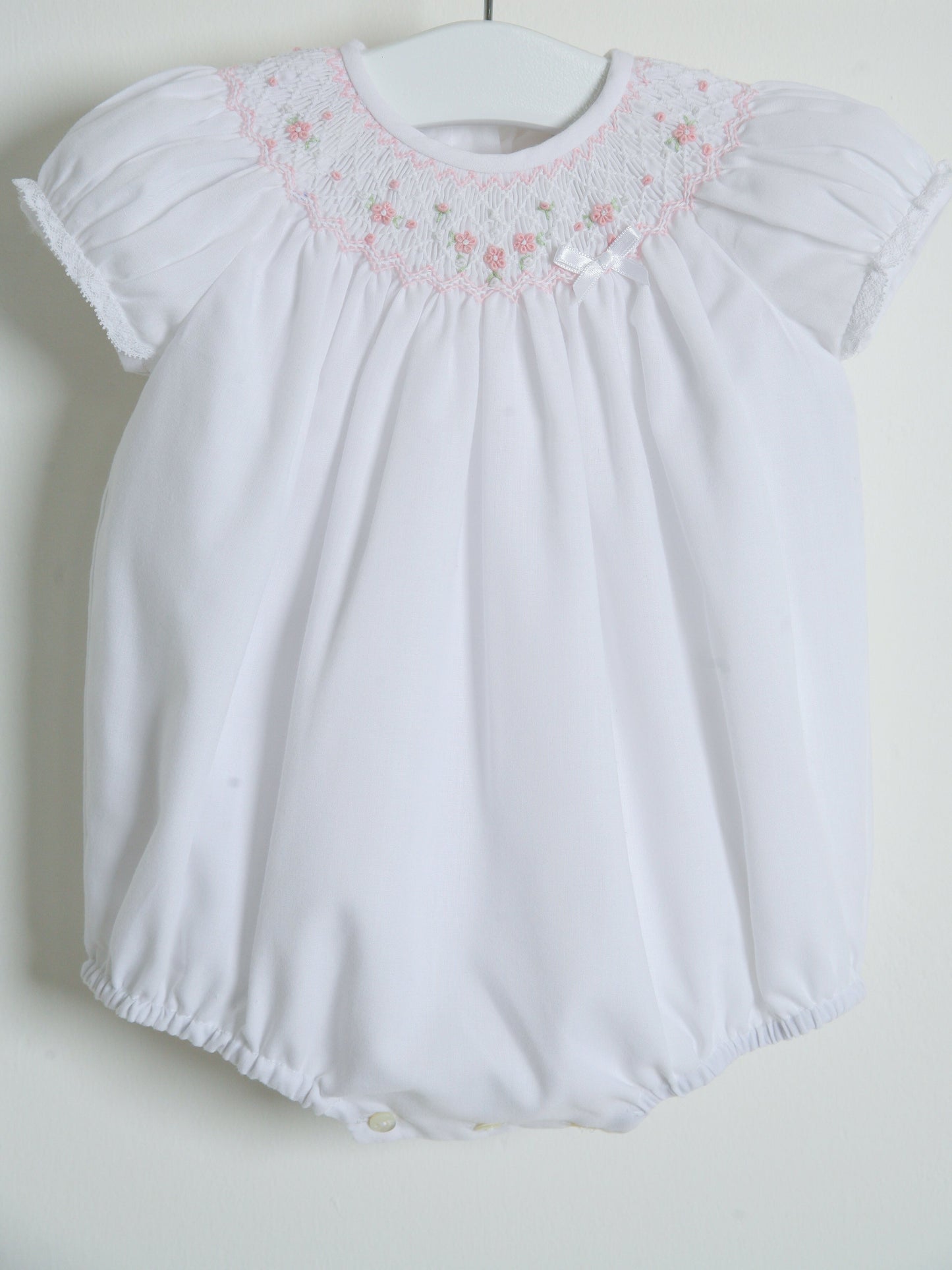 Sarah Louise White Smocked Bubble Romper - Rose & Albert