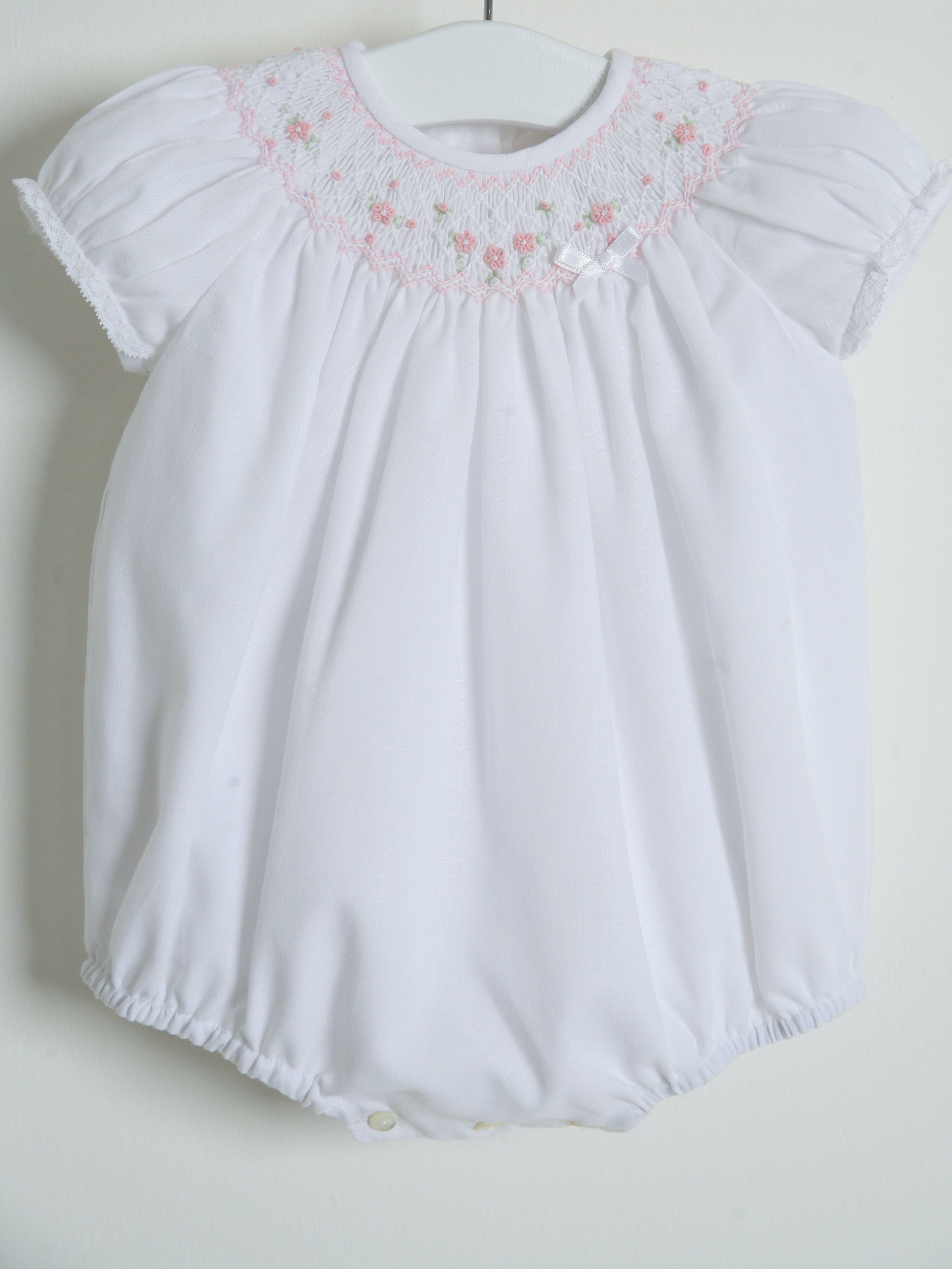 Sarah Louise White Smocked Bubble Romper - Rose & Albert