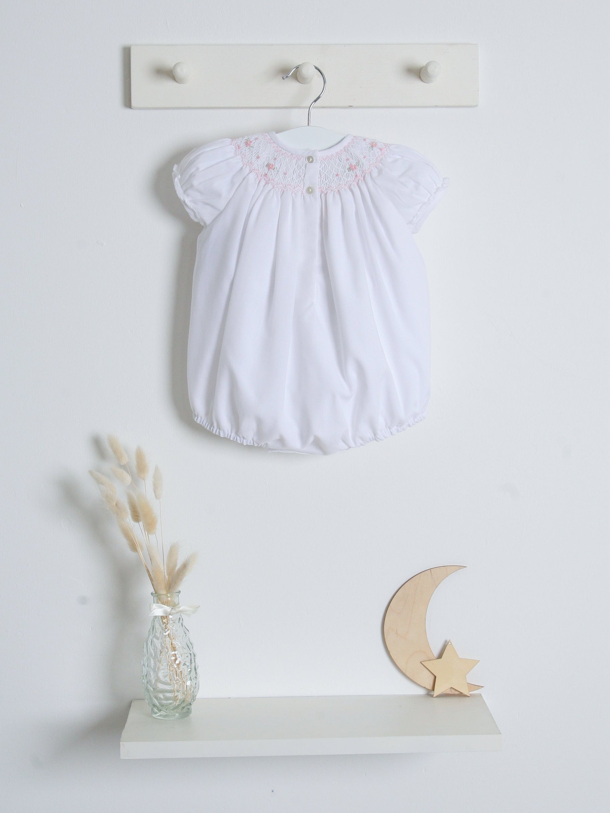 Sarah Louise White Smocked Bubble Romper - Rose & Albert