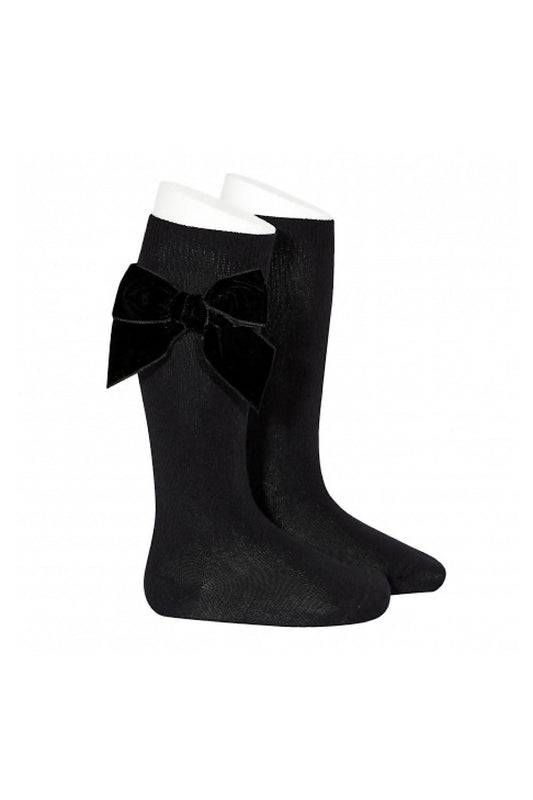 Condor black velvet bow knee socks - Rose & Albert