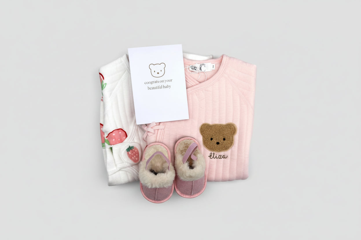The Cozy Boucle Baby Bear & Strawberry Personalised Gift Box in Pink