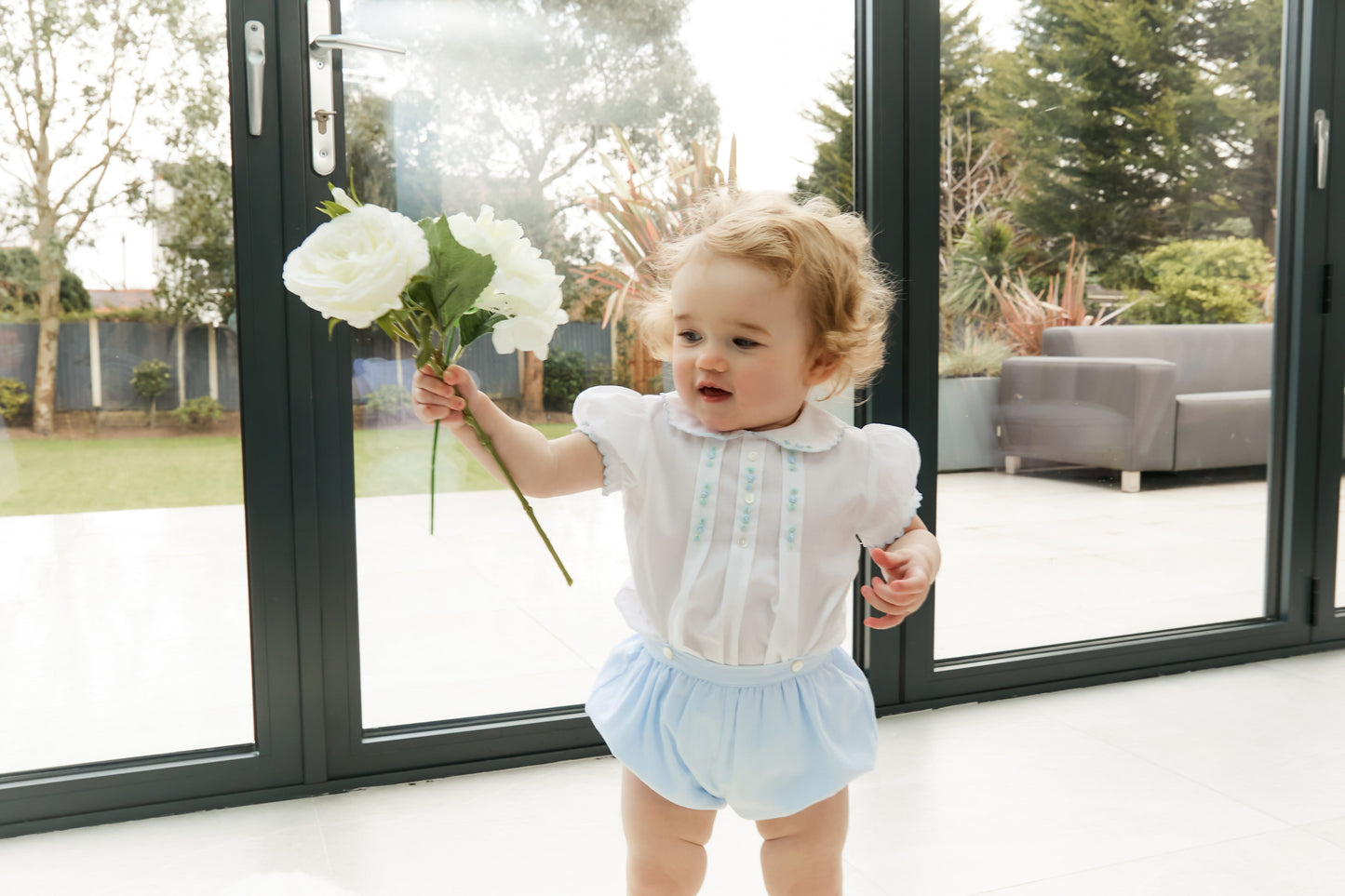 Sarah Louise Blue Rosebud Embroidered Bloomer & Blouse Set - Rose & Albert