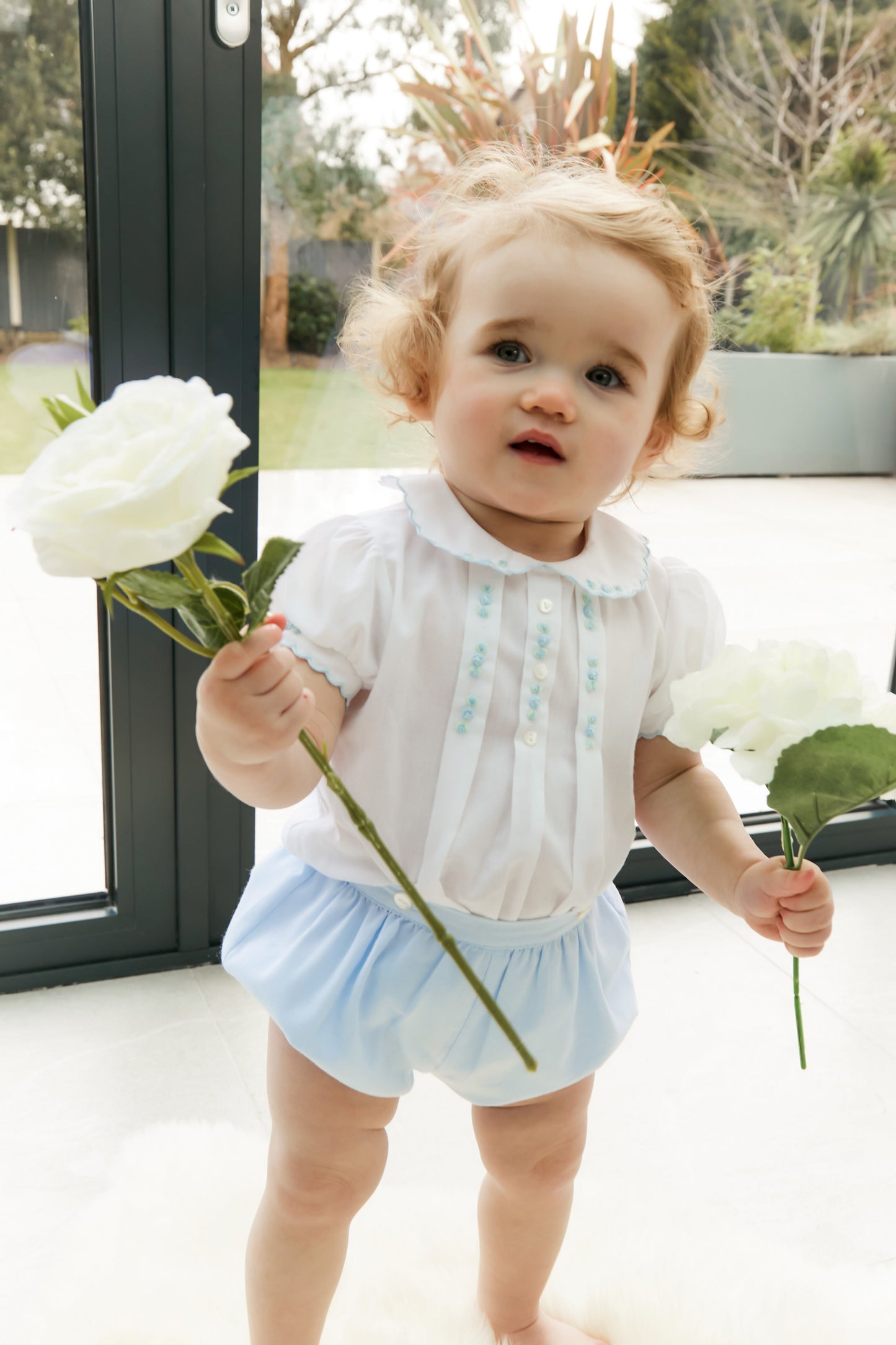 Sarah Louise Blue Rosebud Embroidered Bloomer & Blouse Set - Rose & Albert