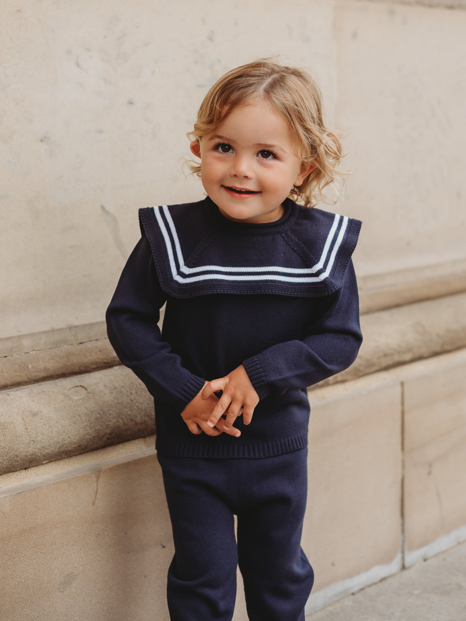 'Ralph' navy & white knitted suit with sailor collar - Rose & Albert