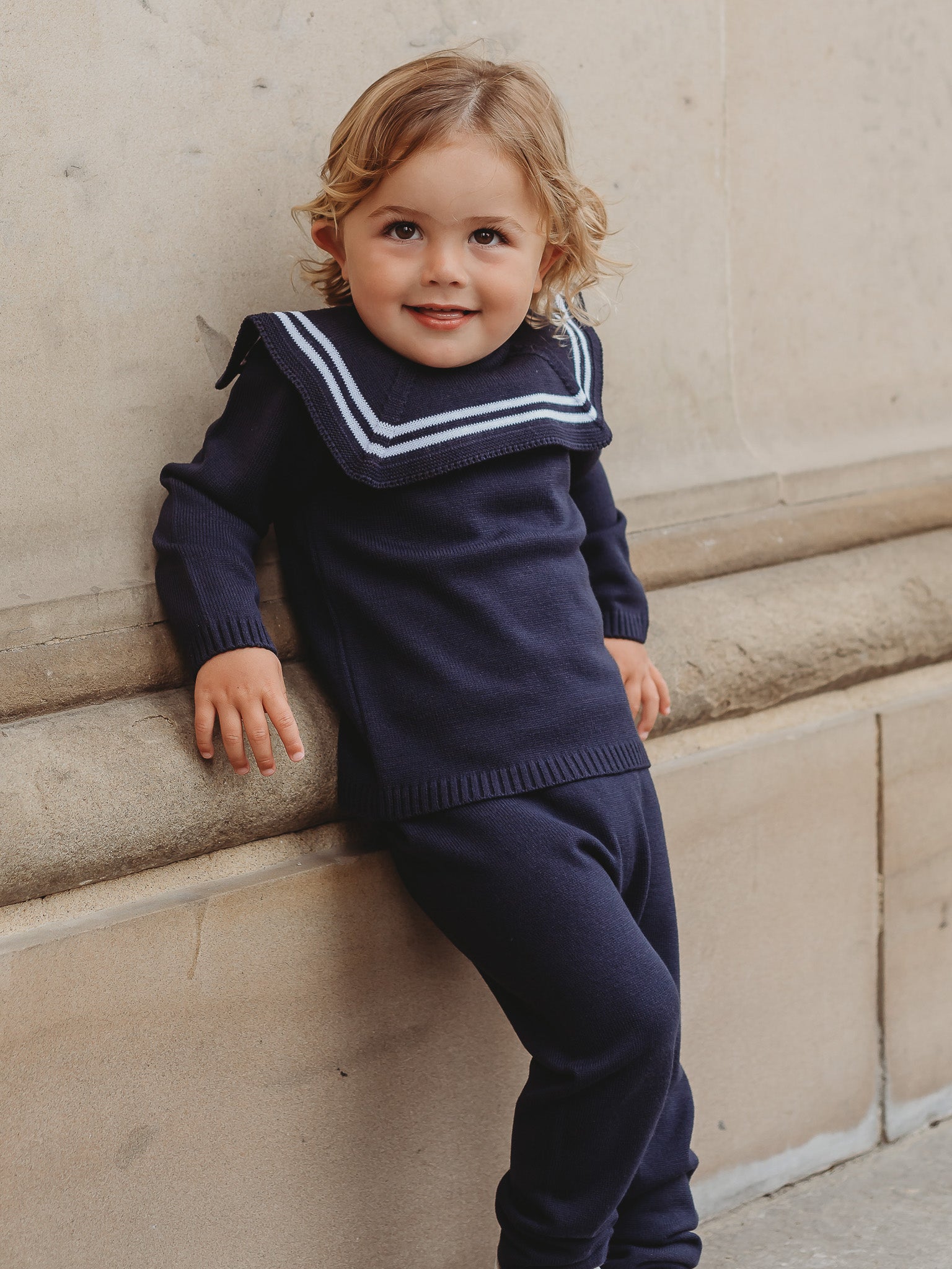 'Ralph' navy & white knitted suit with sailor collar - Rose & Albert