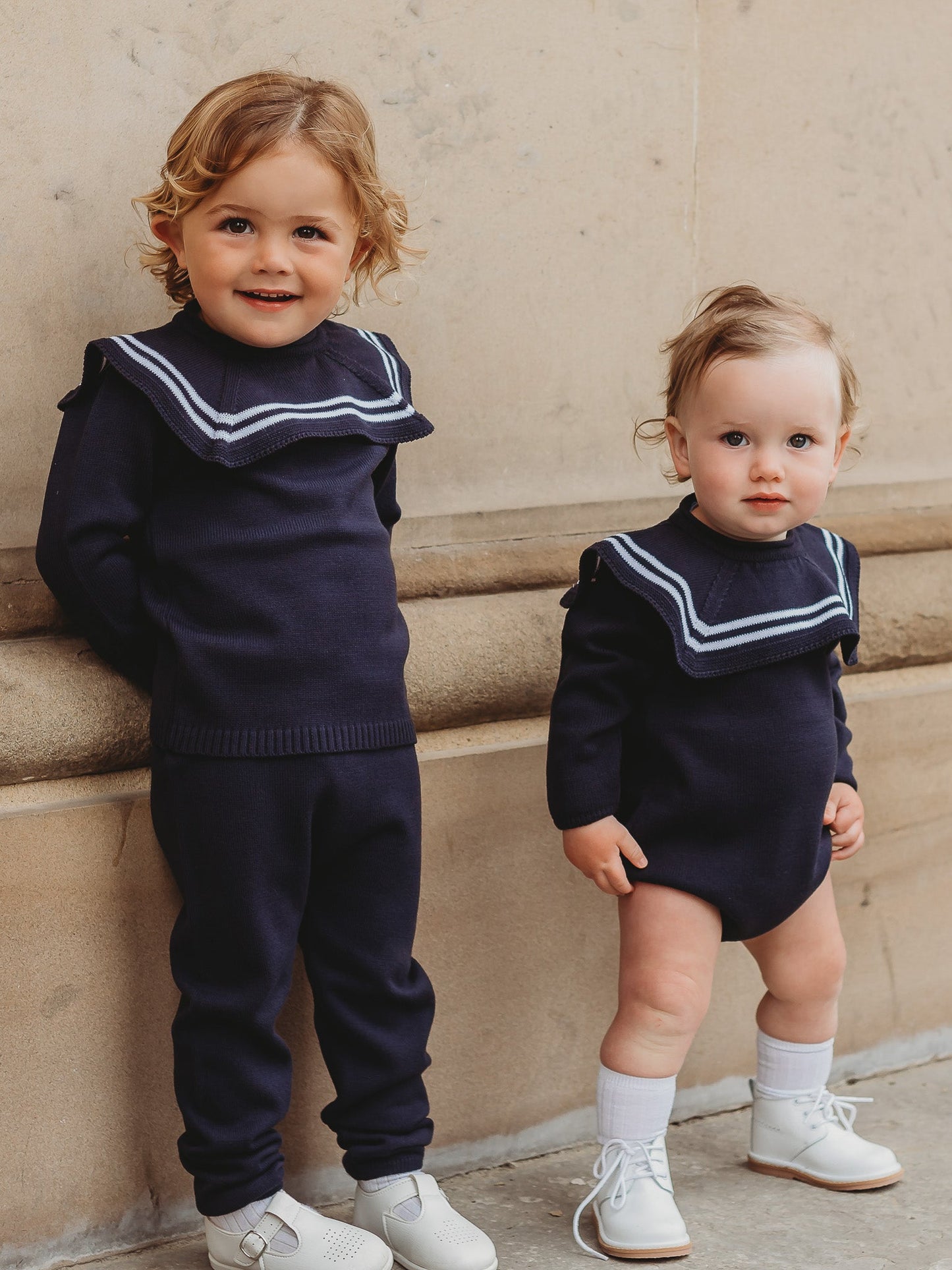 'Ralph' navy & white knitted suit with sailor collar - Rose & Albert