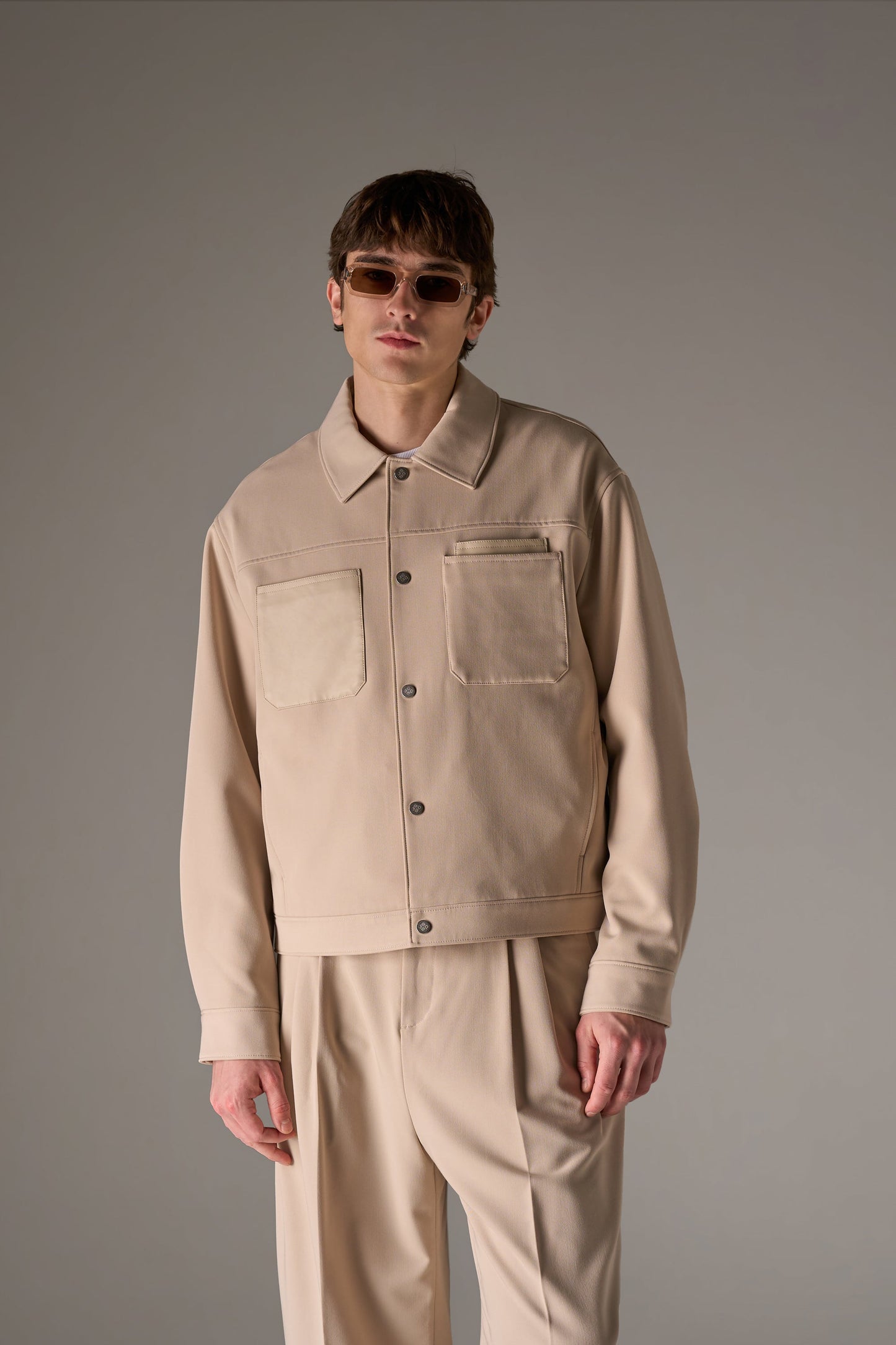 FAUX LEATHER POCKET TAILORED JACKET - STONE