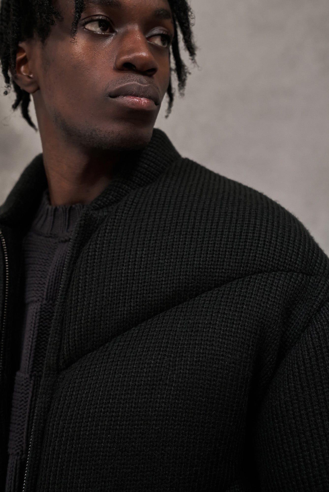 KNITTED CHEVRON PANELLED PUFFER COAT - BLACK