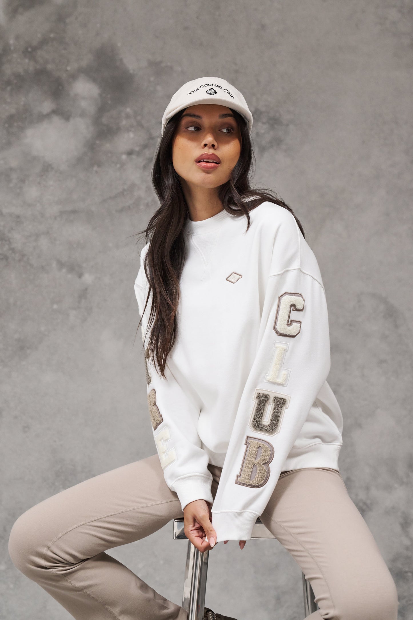 TONAL MULTIBADGED CHENILLE SWEATSHIRT - BEIGE