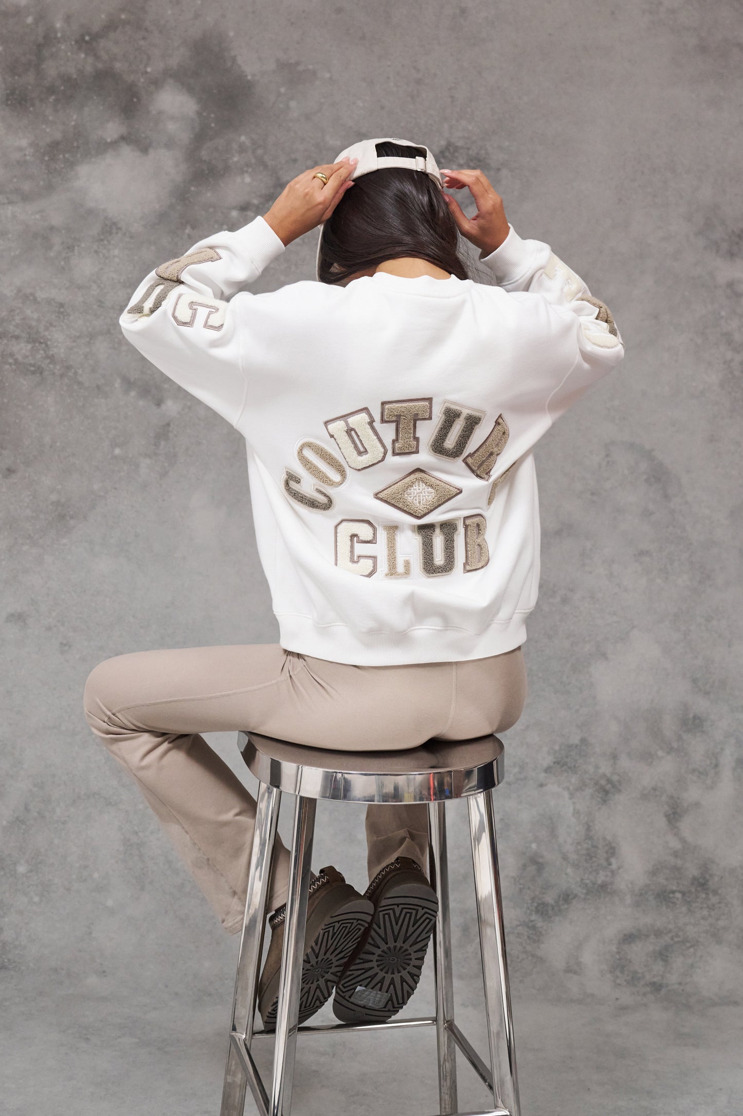 TONAL MULTIBADGED CHENILLE SWEATSHIRT - BEIGE