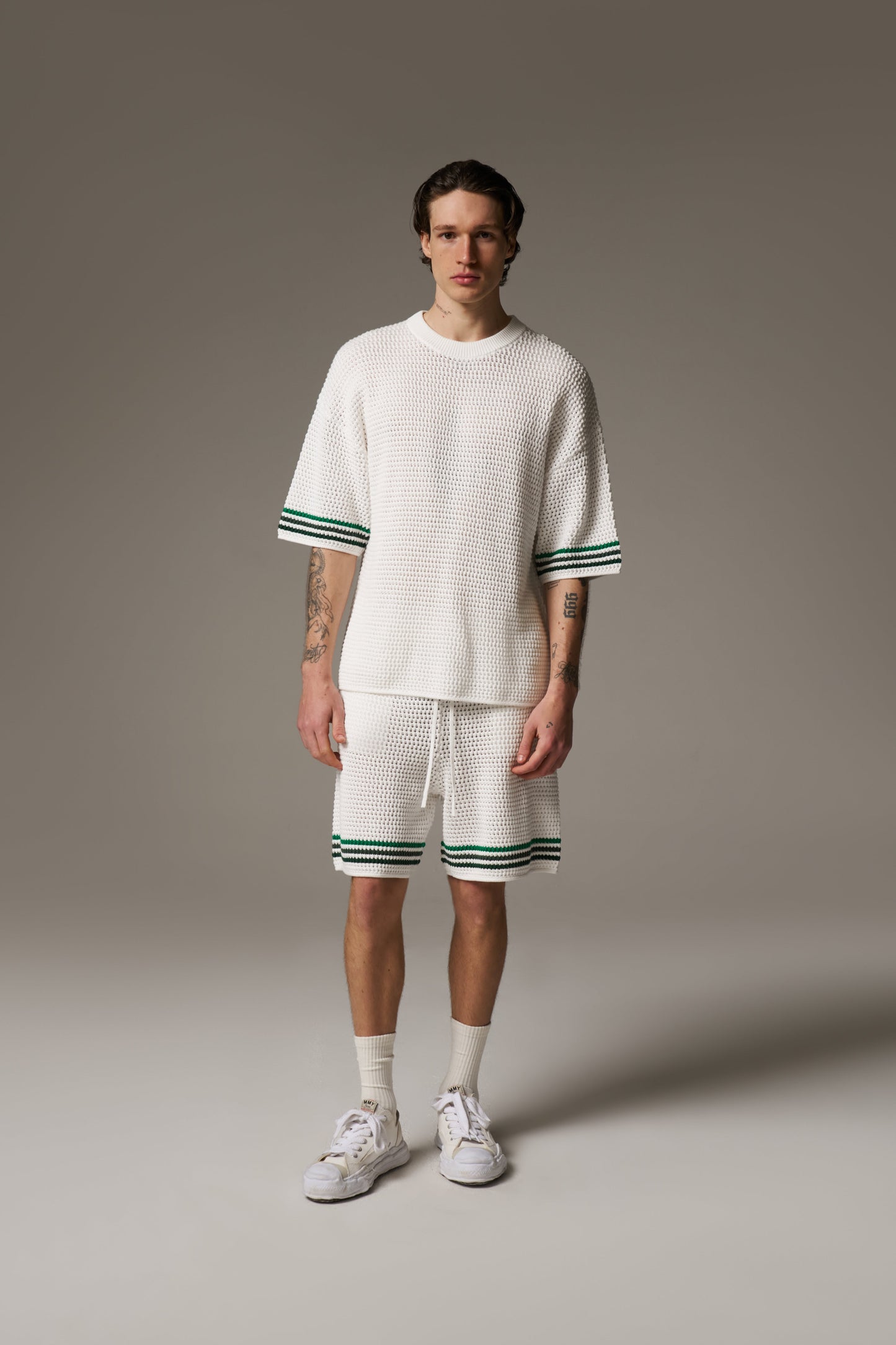 STRIPE CROCHET KNIT SHORTS - WHITE