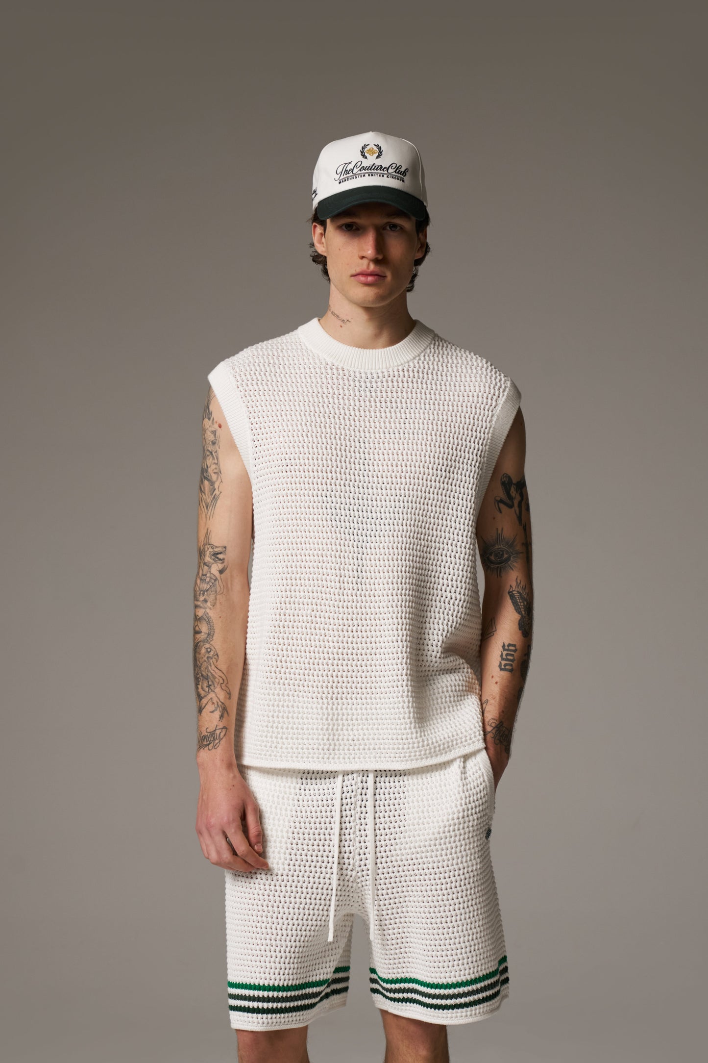 STRIPE CROCHET KNIT SHORTS - WHITE