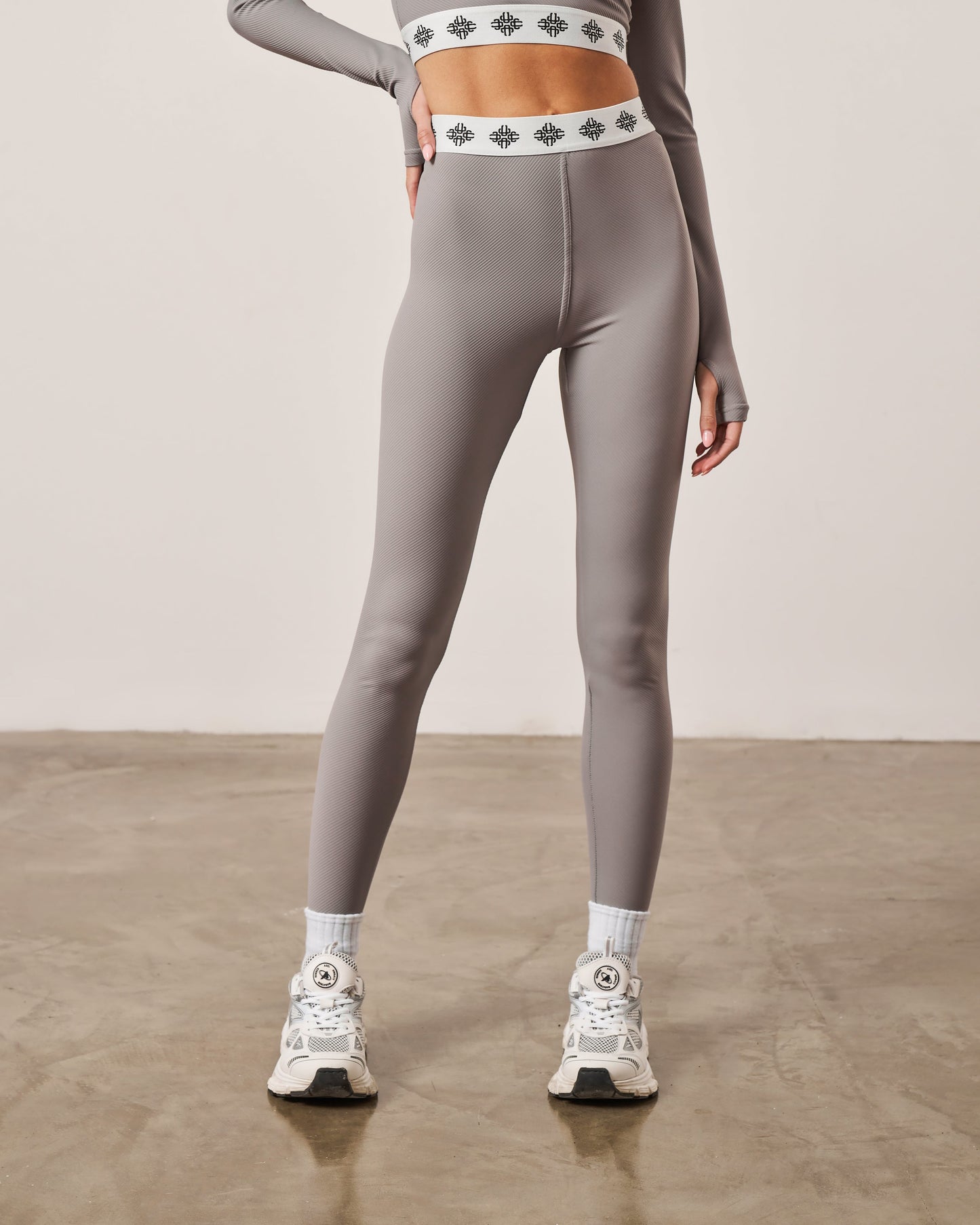 BRANDED WAISTBAND RIBBED LEGGINGS - GREY