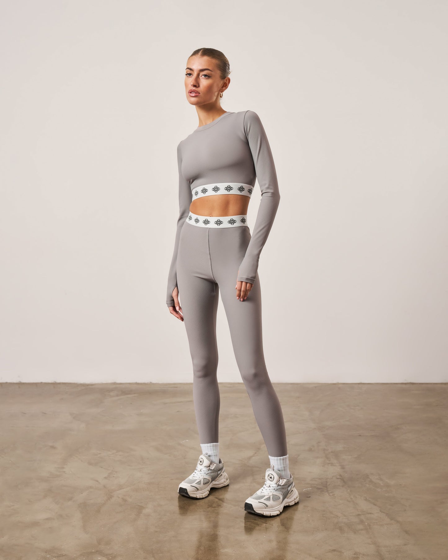 BRANDED WAISTBAND RIBBED LEGGINGS - GREY