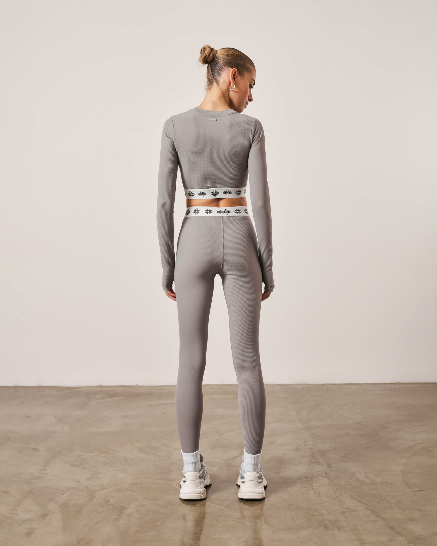 BRANDED WAISTBAND RIBBED LEGGINGS - GREY