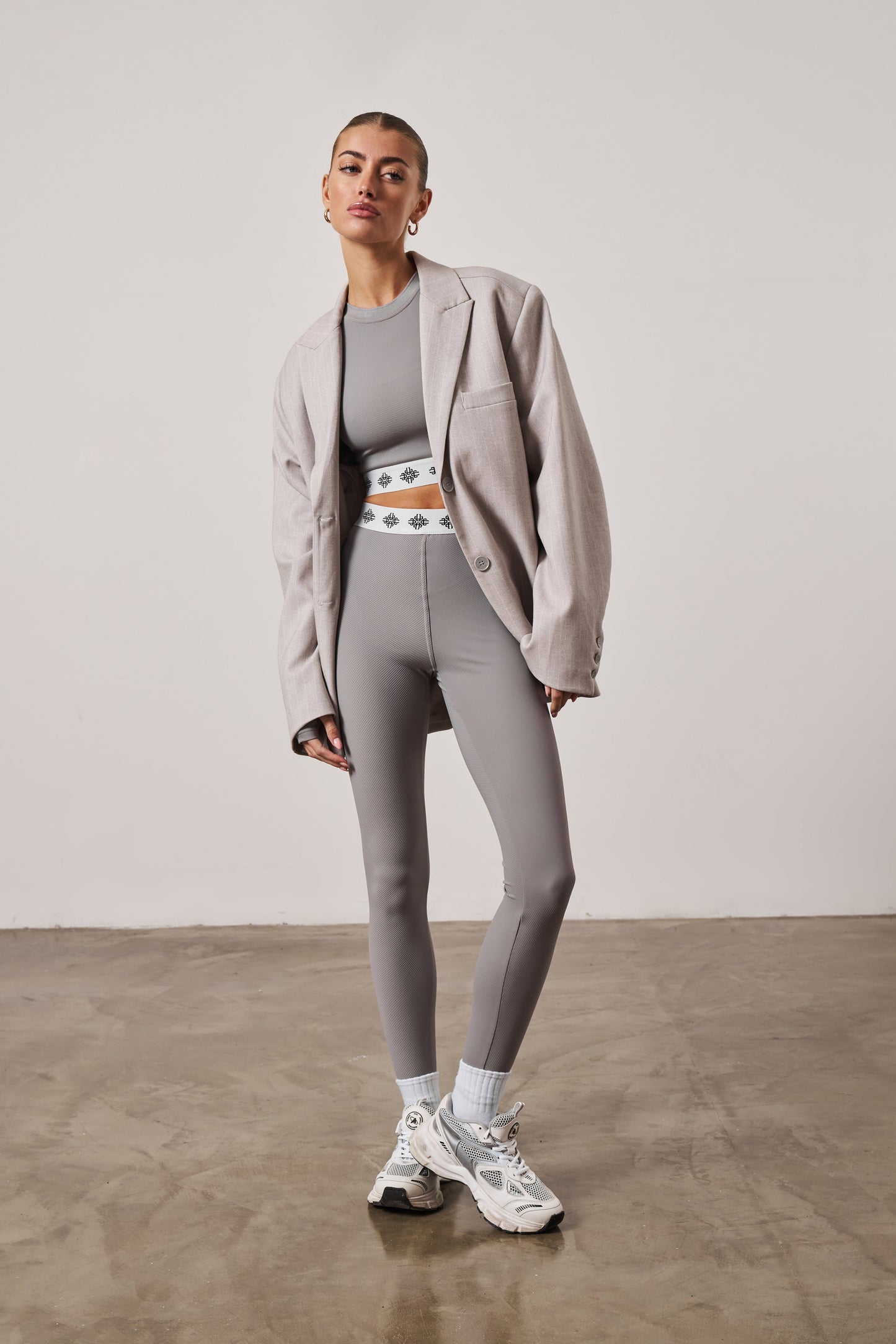 BRANDED WAISTBAND RIBBED LEGGINGS - GREY