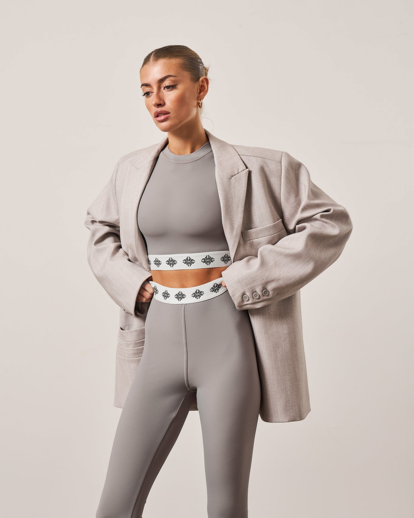 BRANDED WAISTBAND FITTED RIBBED TOP - GREY