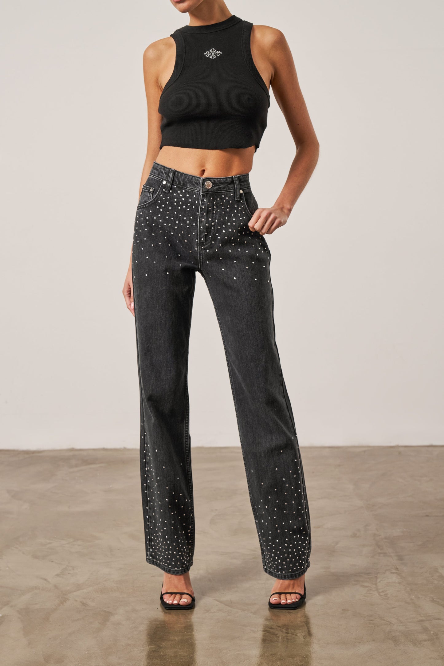 RHINESTONE STRAIGHT LEG JEANS - WASHED BLACK
