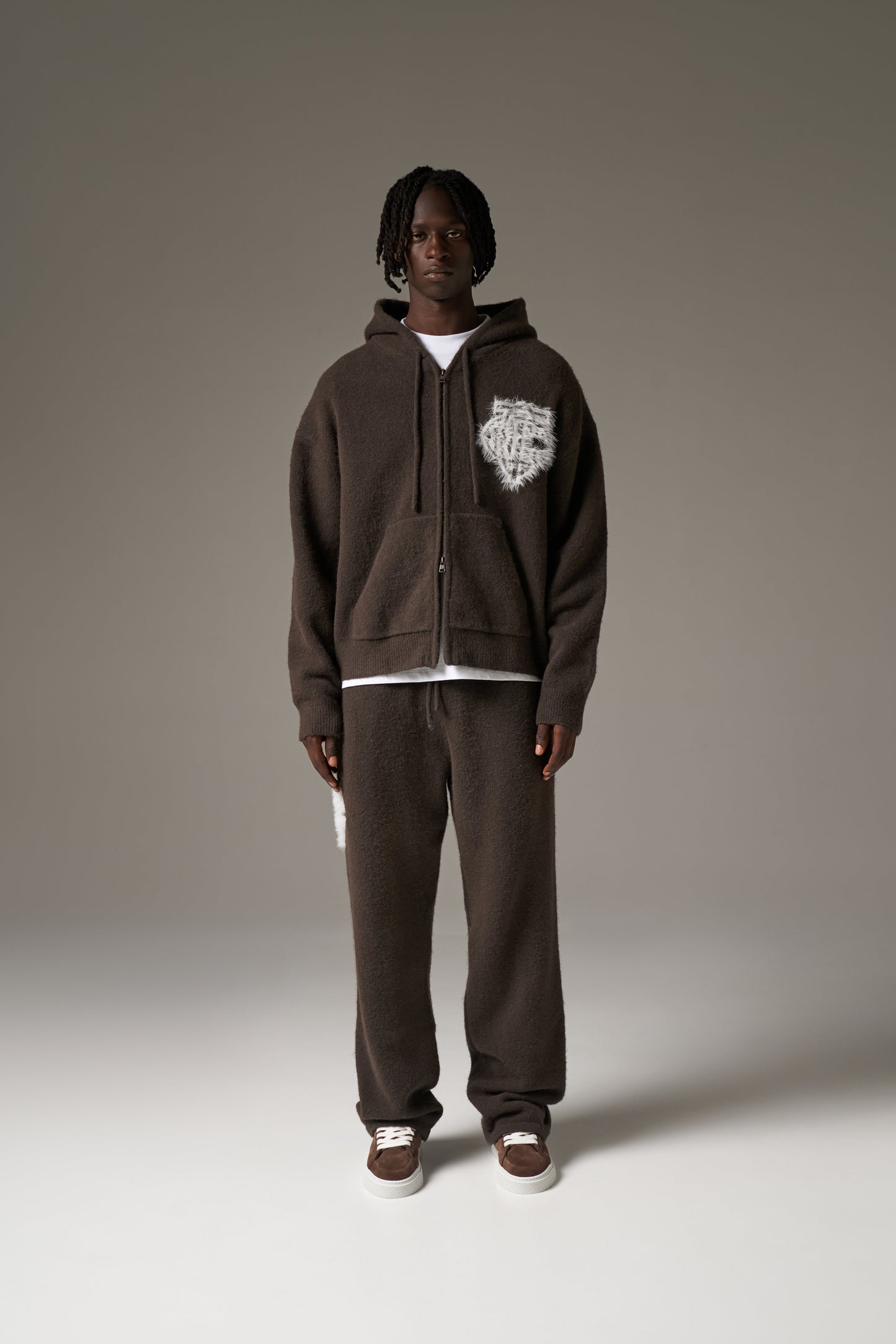 MONOGRAM FLUFFY KNIT ZIP THROUGH HOODIE - BROWN
