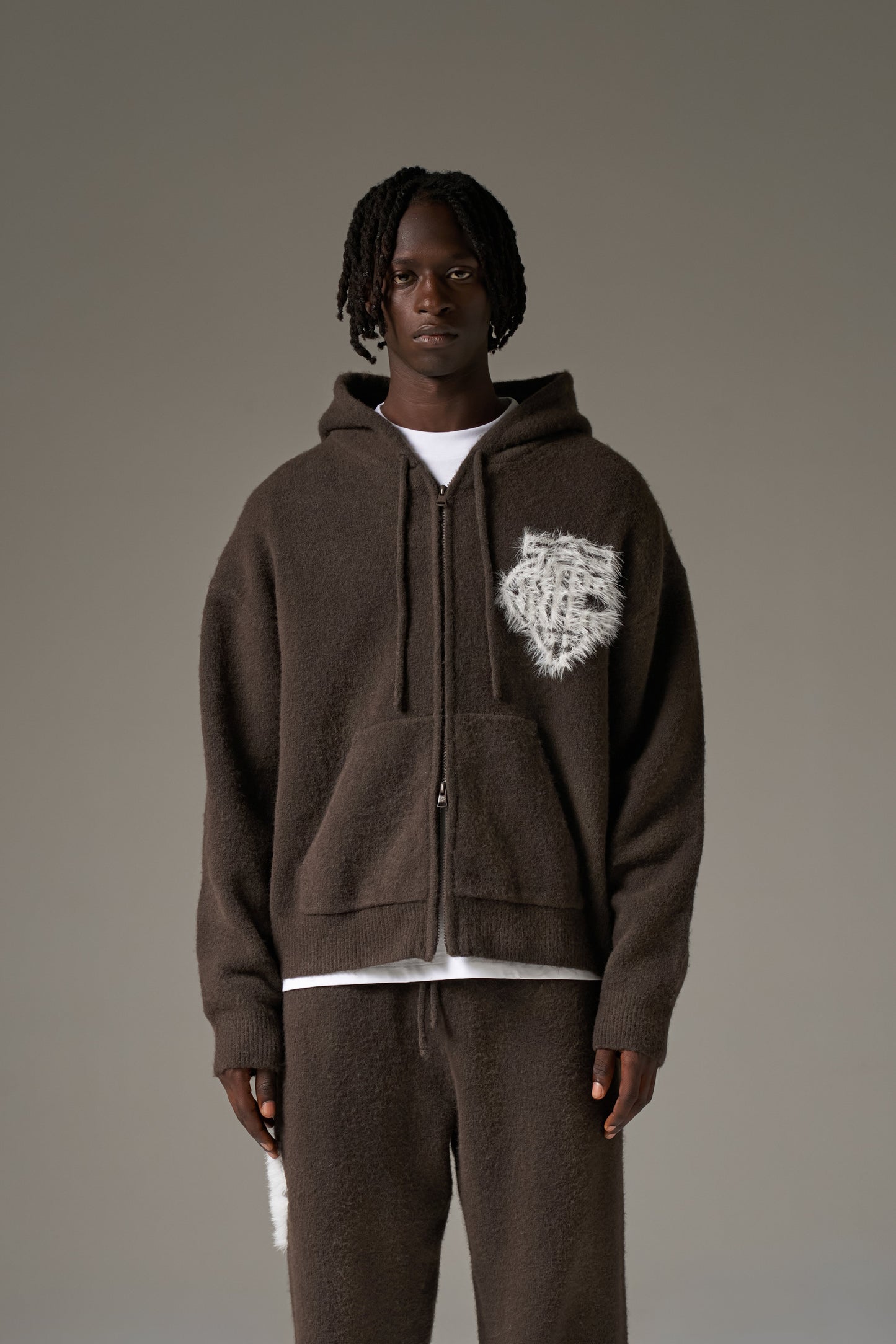 MONOGRAM FLUFFY KNIT ZIP THROUGH HOODIE - BROWN