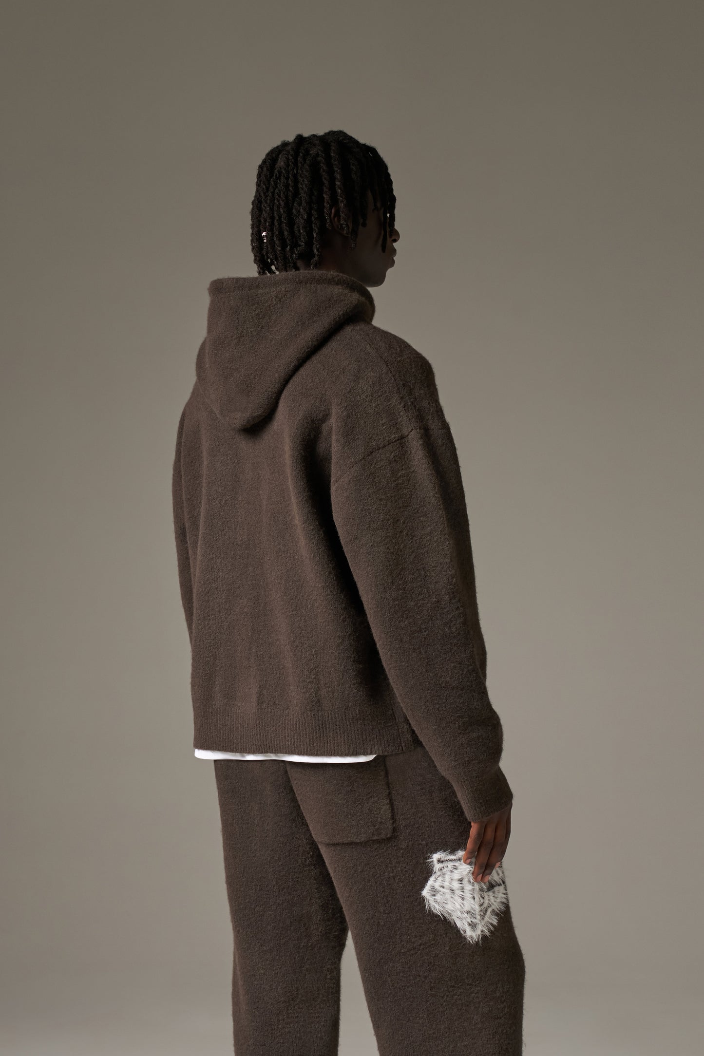 MONOGRAM FLUFFY KNIT ZIP THROUGH HOODIE - BROWN