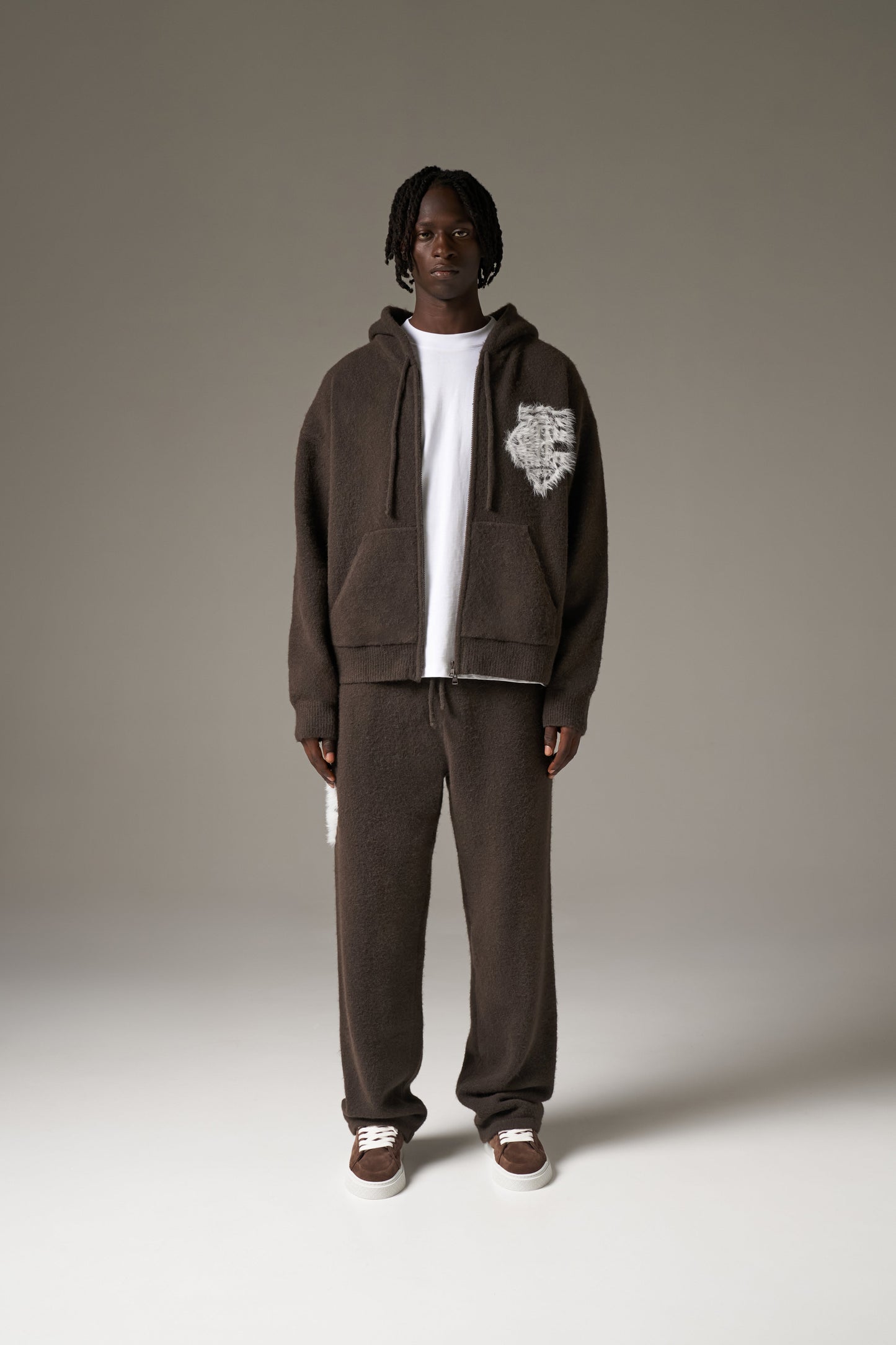 MONOGRAM FLUFFY KNIT ZIP THROUGH HOODIE - BROWN