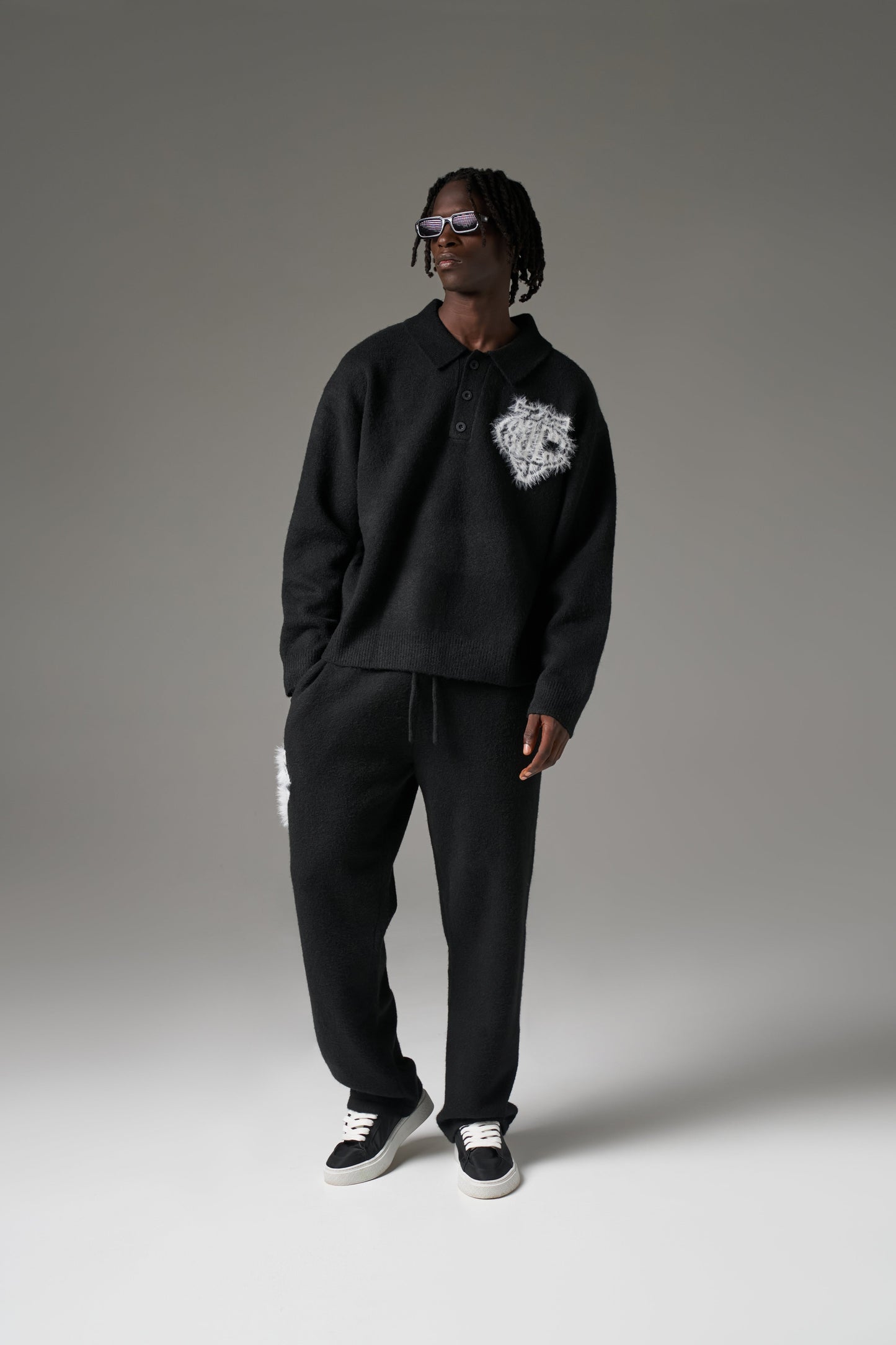 MONOGRAM FLUFFY KNIT POLO - BLACK