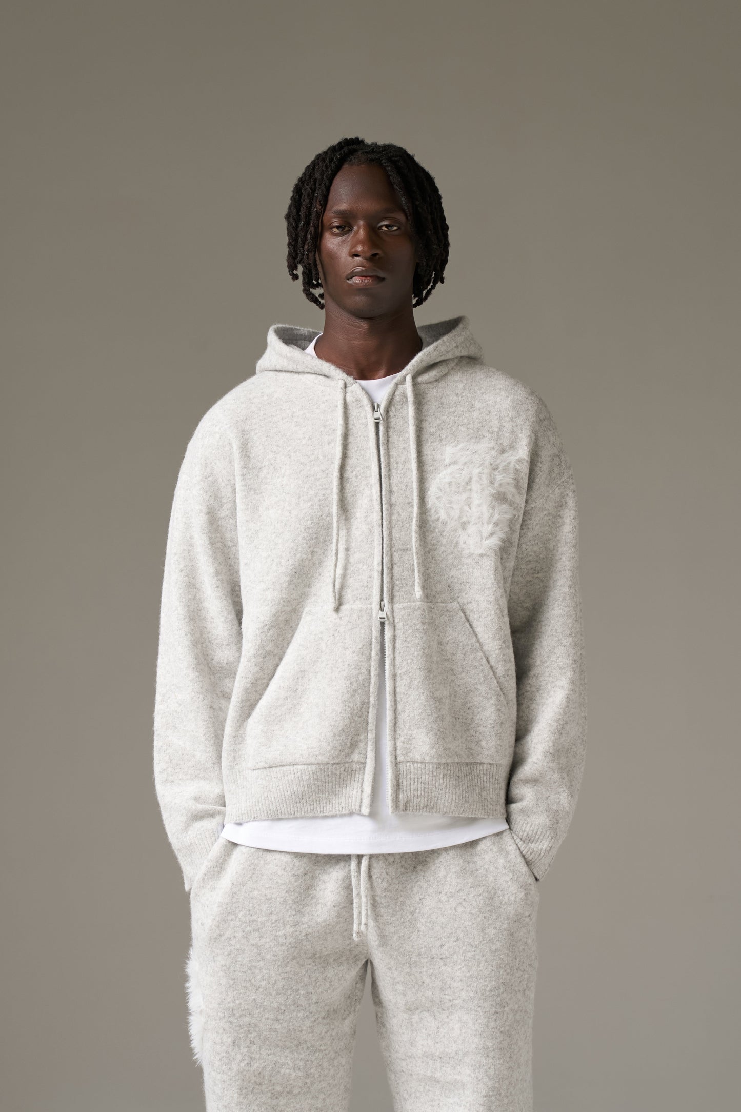 MONOGRAM FLUFFY KNIT ZIP THROUGH HOODIE - GREY MARL