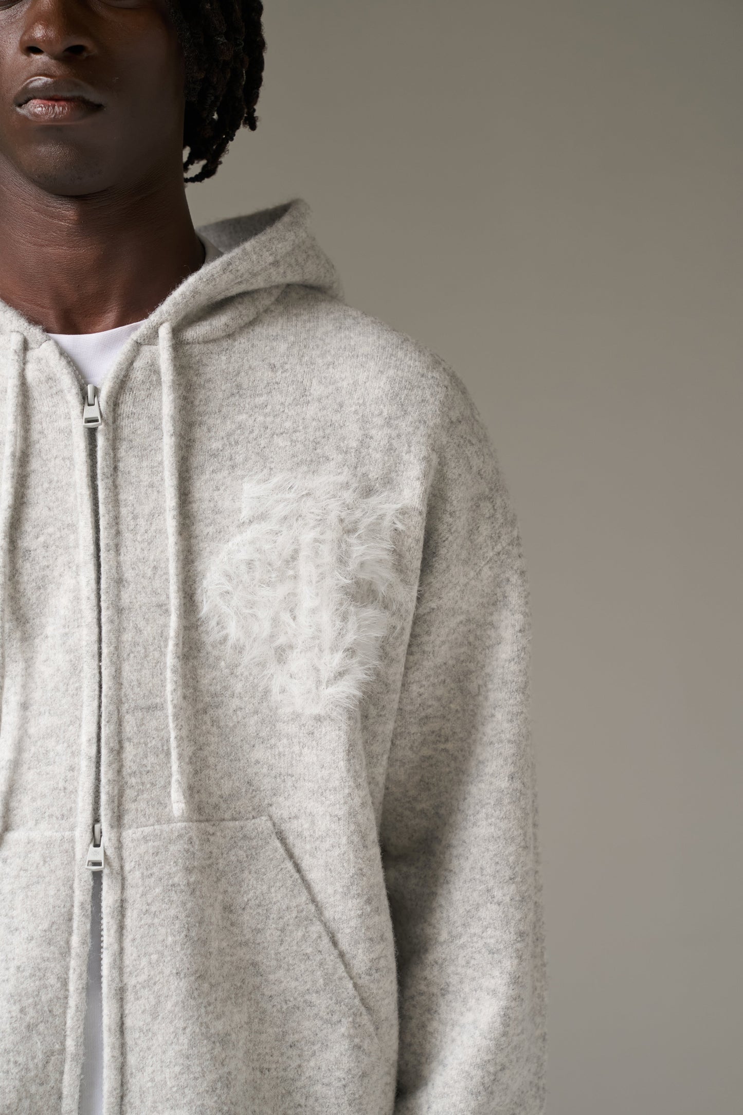 MONOGRAM FLUFFY KNIT ZIP THROUGH HOODIE - GREY MARL