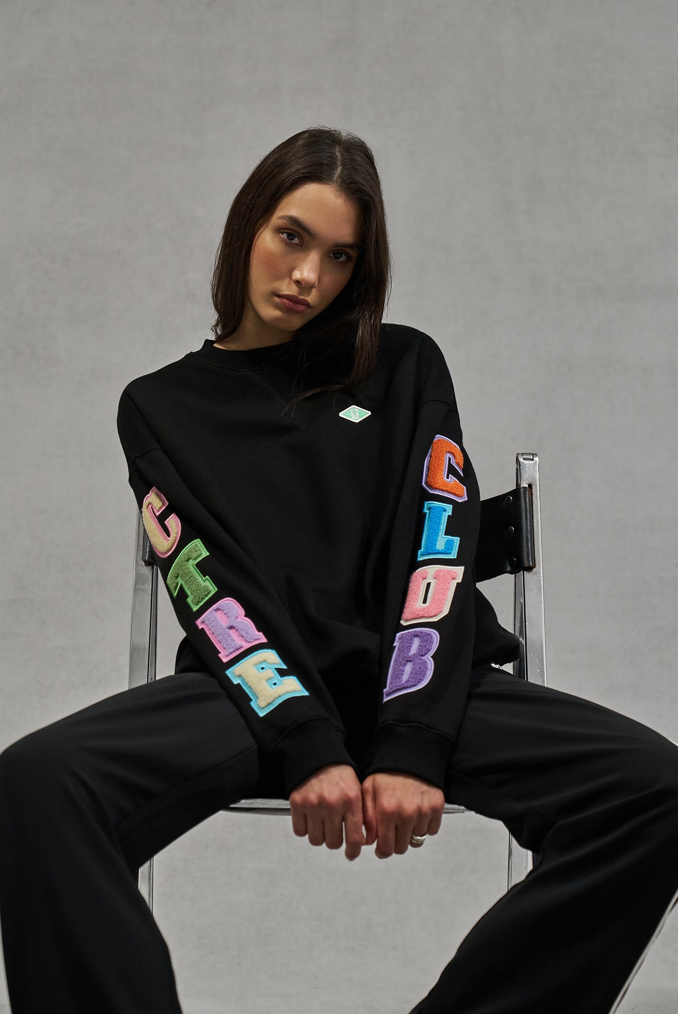 MULTIBADGED CHENILLE SWEATSHIRT - BLACK