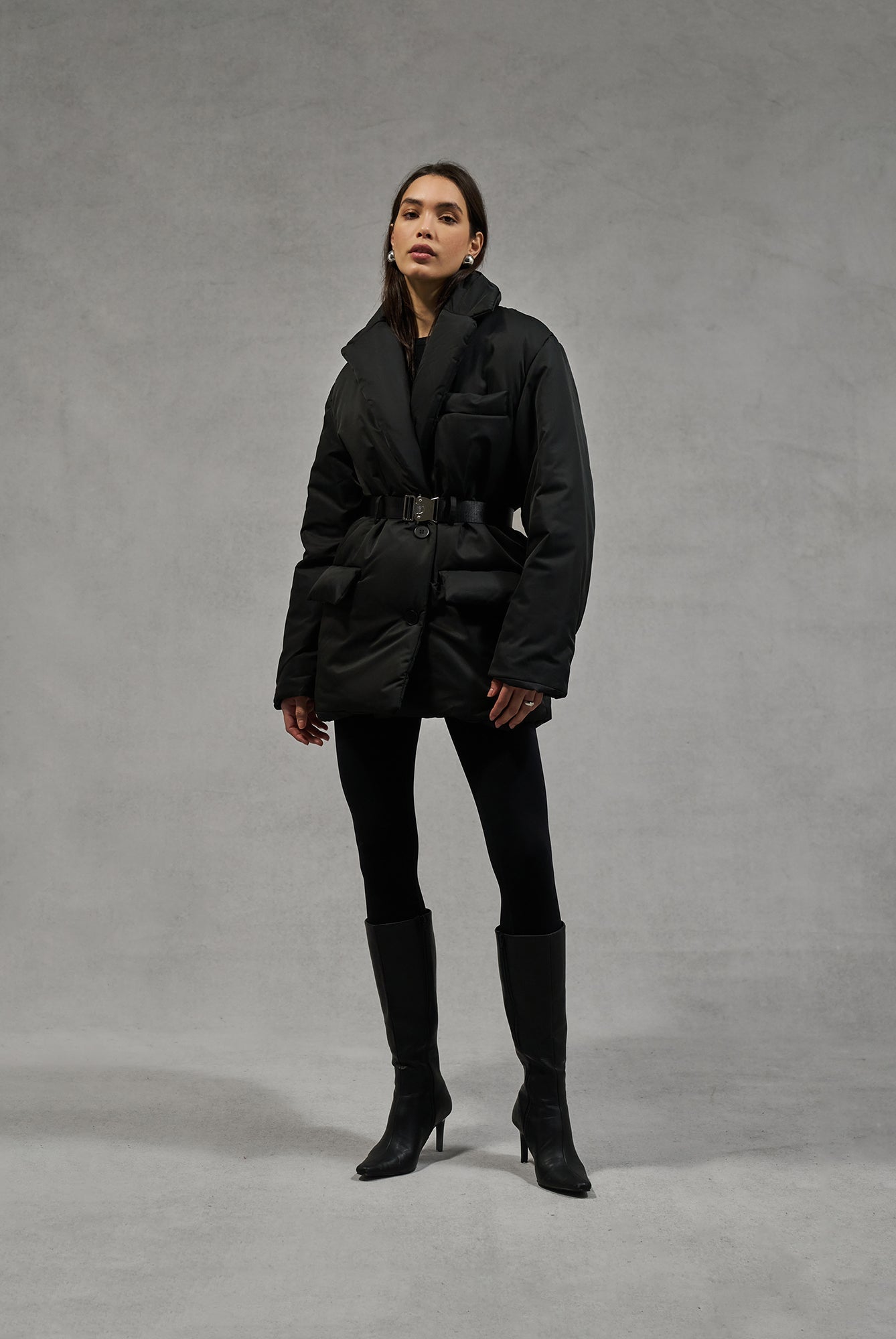 NYLON PADDED BLAZER COAT - BLACK