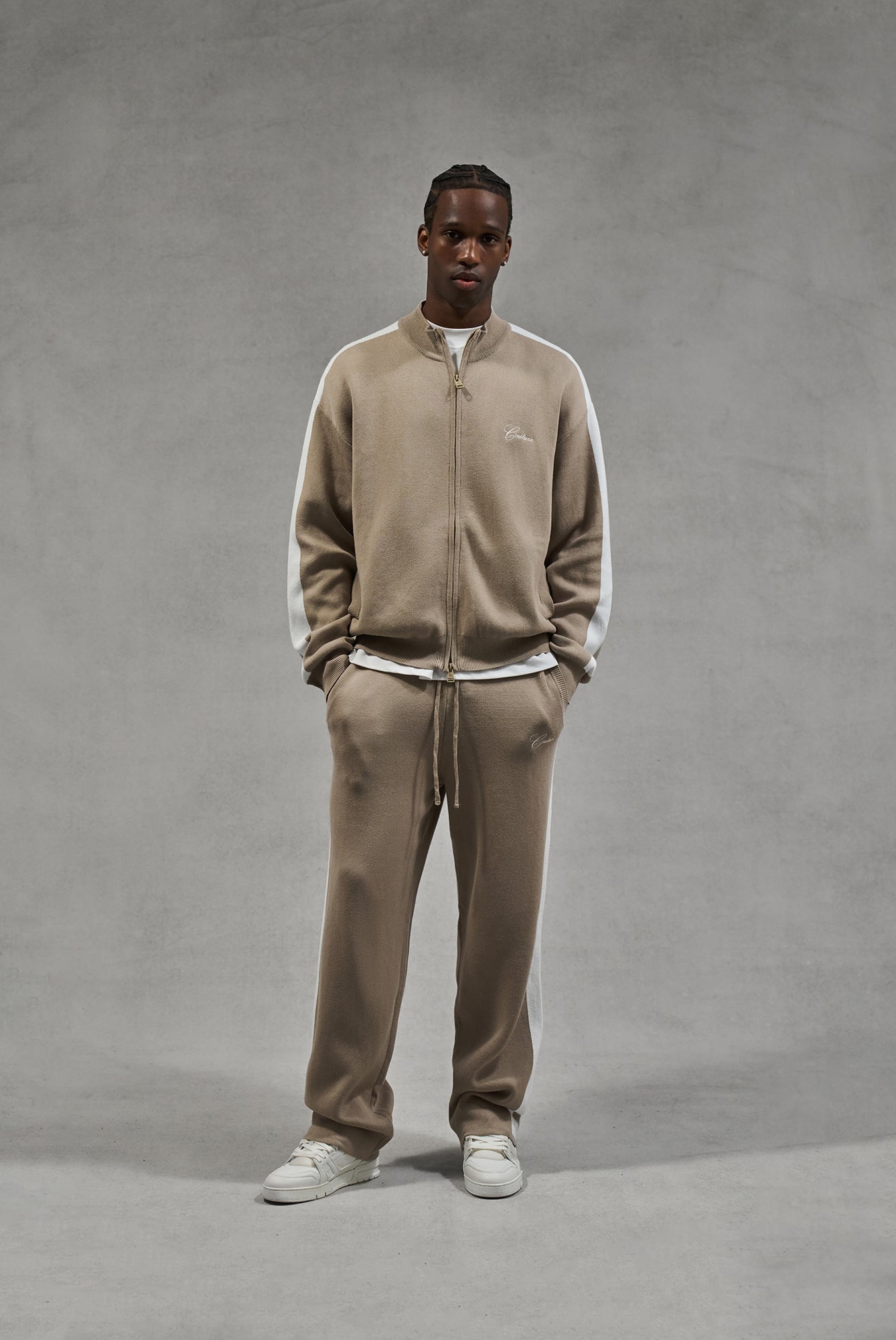 SIDE STRIPE KNITTED TRACK JACKET - BEIGE