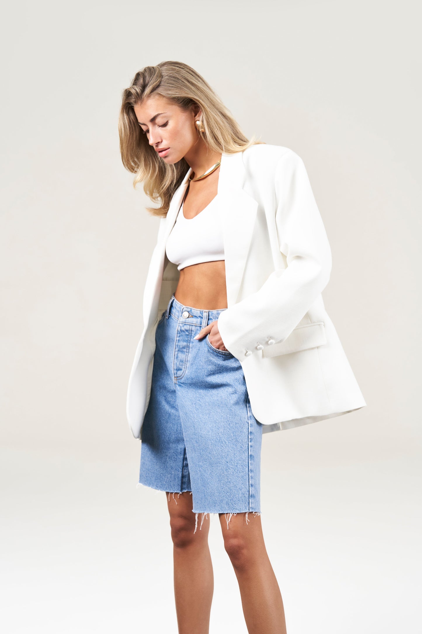 OVERSIZED TEXTURED TAILORED BLAZER - OFF WHITE