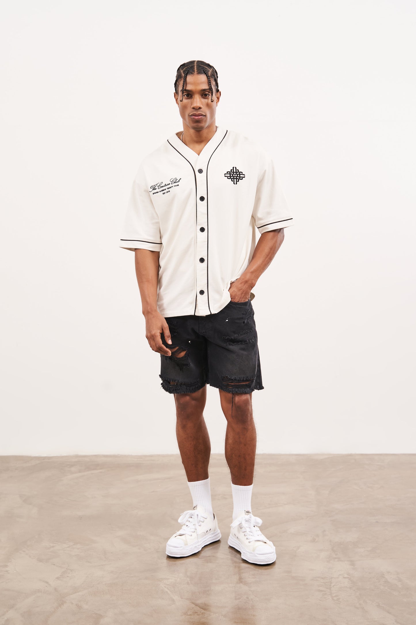 DISTRESSED RAW HEM DENIM SHORTS - WASHED BLACK